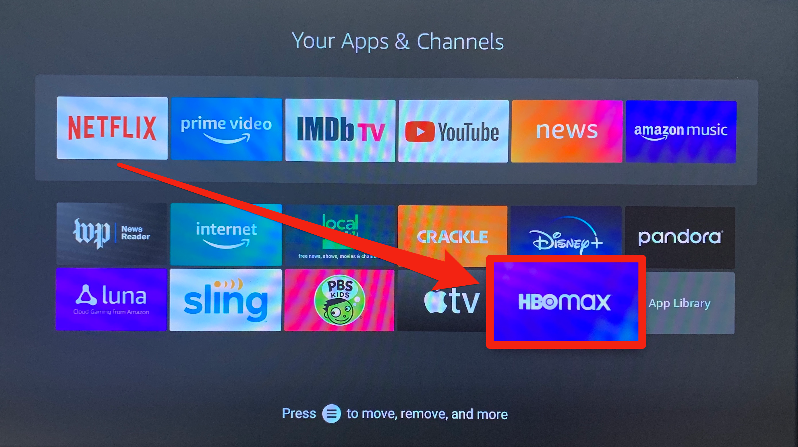 The App Library on an Amazon Firestick. HBO Max is highlighted.