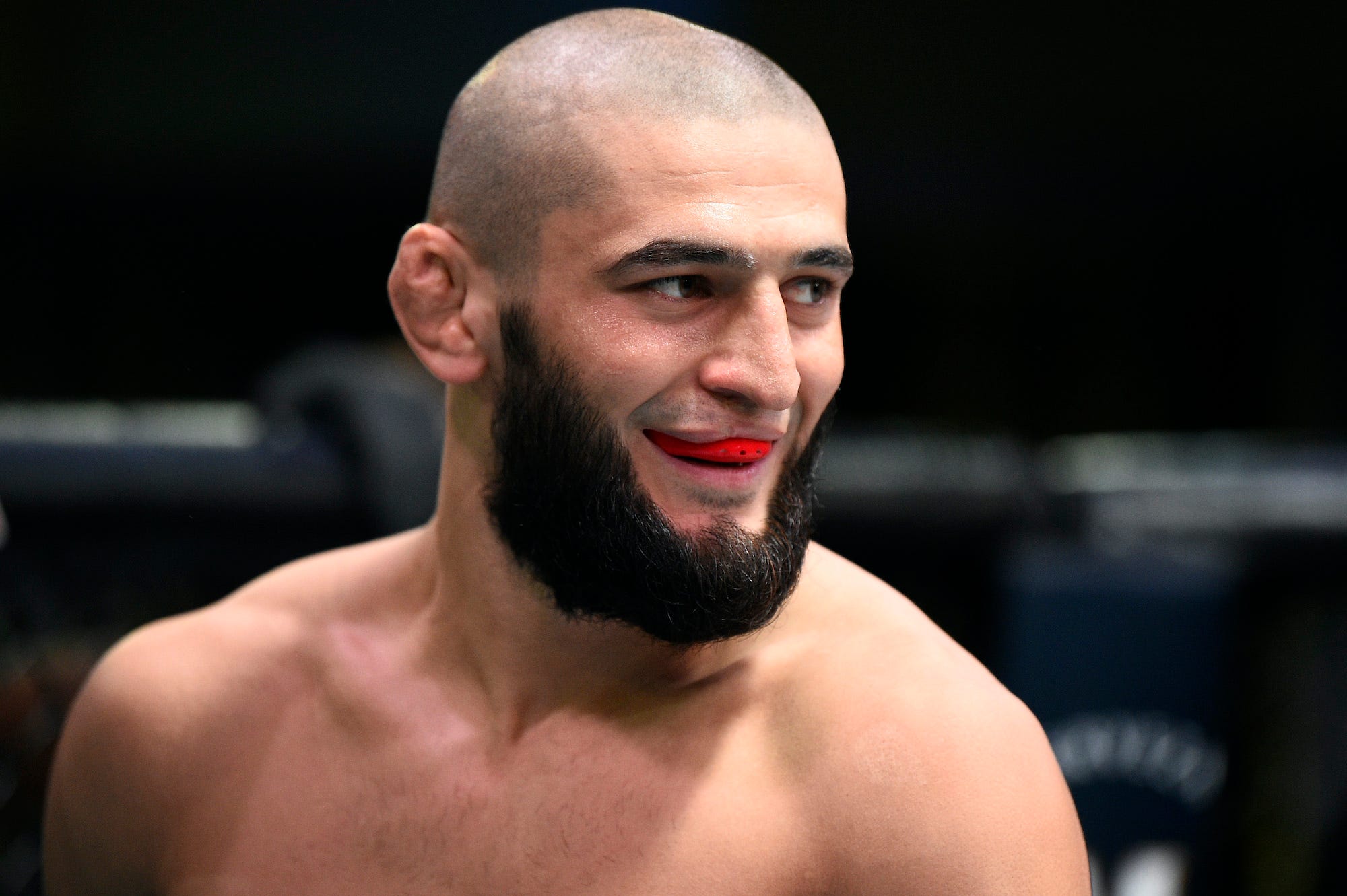 Khamzat Chimaev smiles during a recent UFC fight.