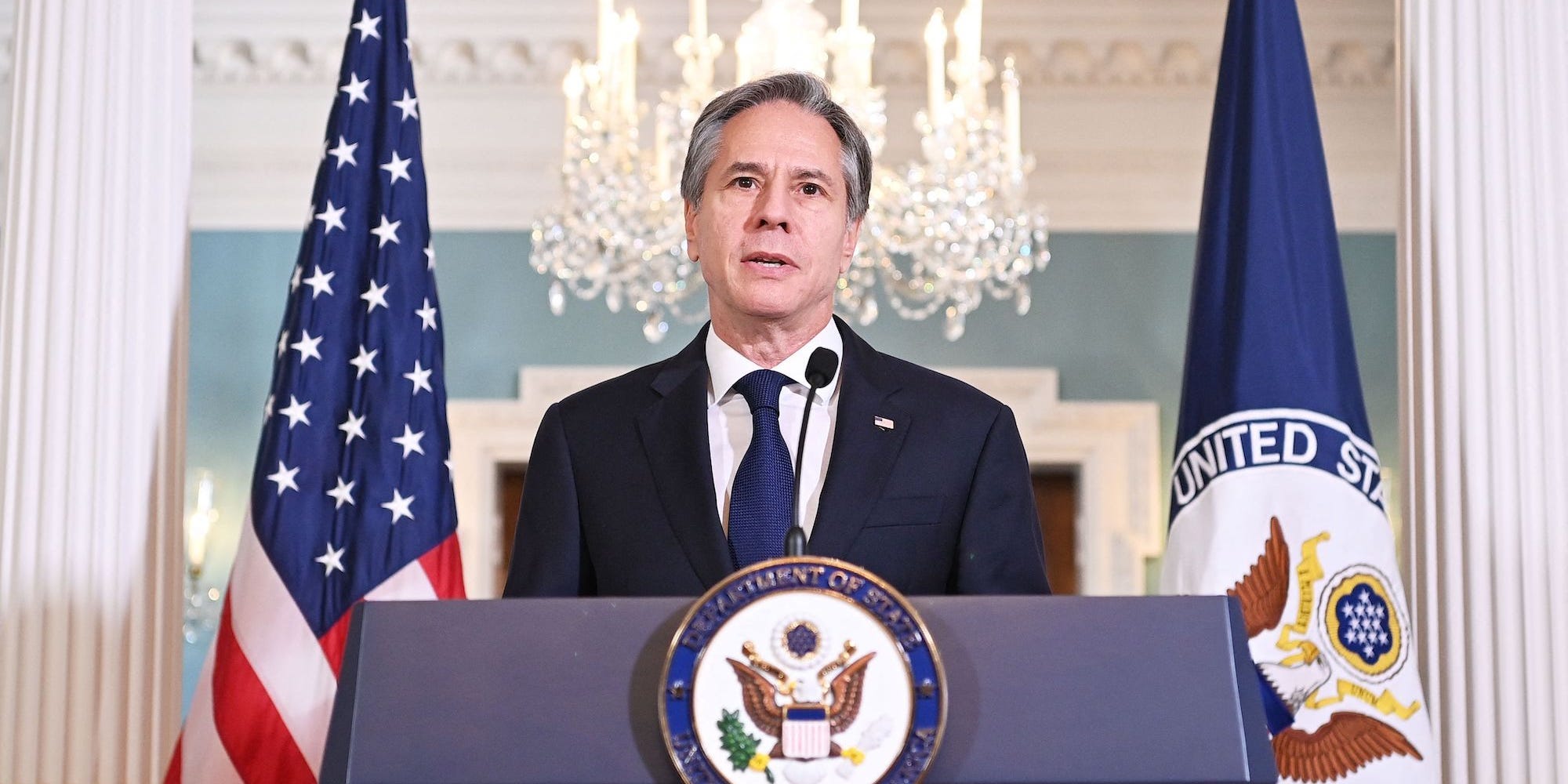 Secretary of State Antony Blinken speaks at the State Department on October 18, 2021.