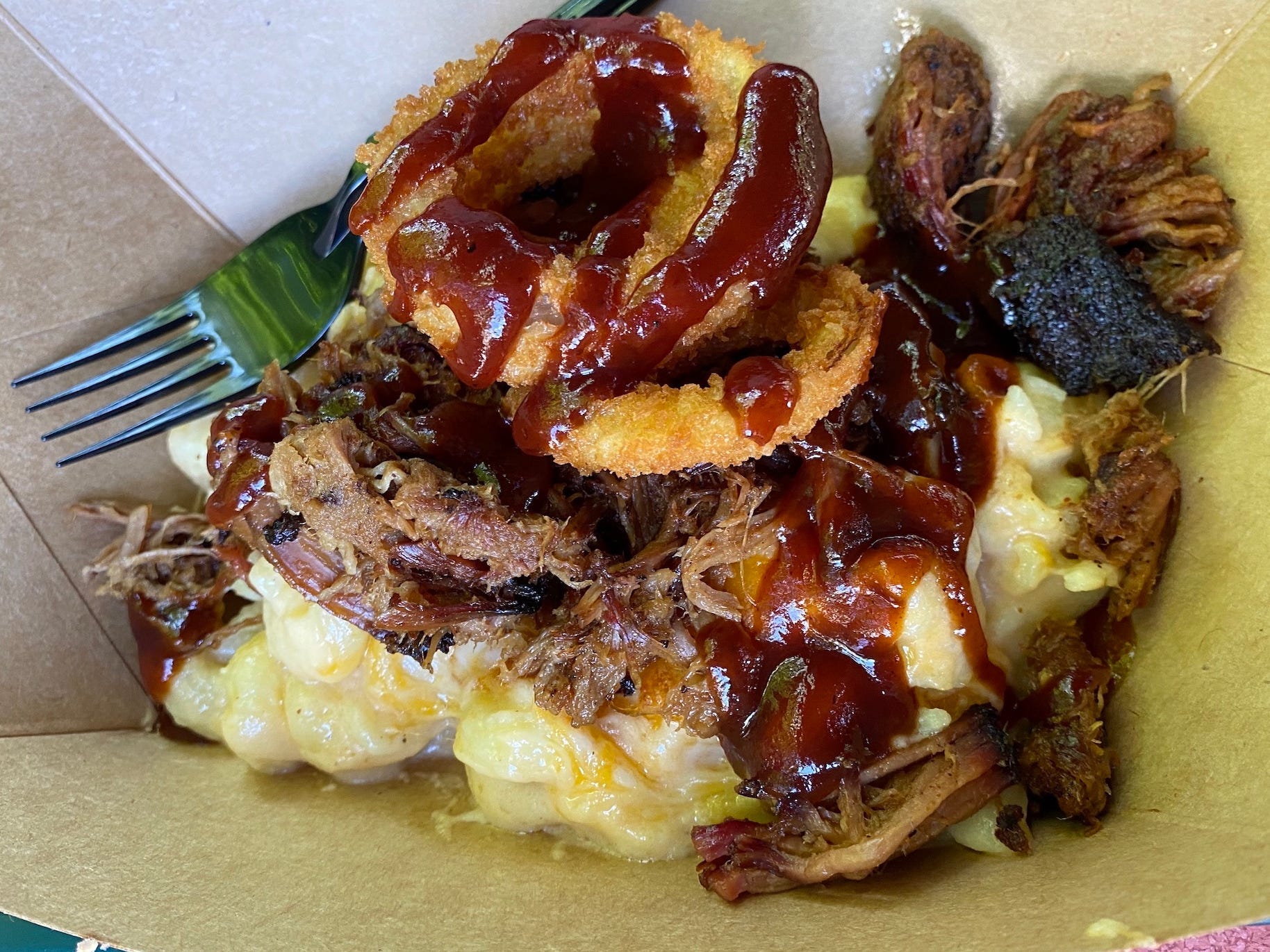 The baked macaroni and cheese with pulled pork from Disney World's Flame Tree Barbecue.