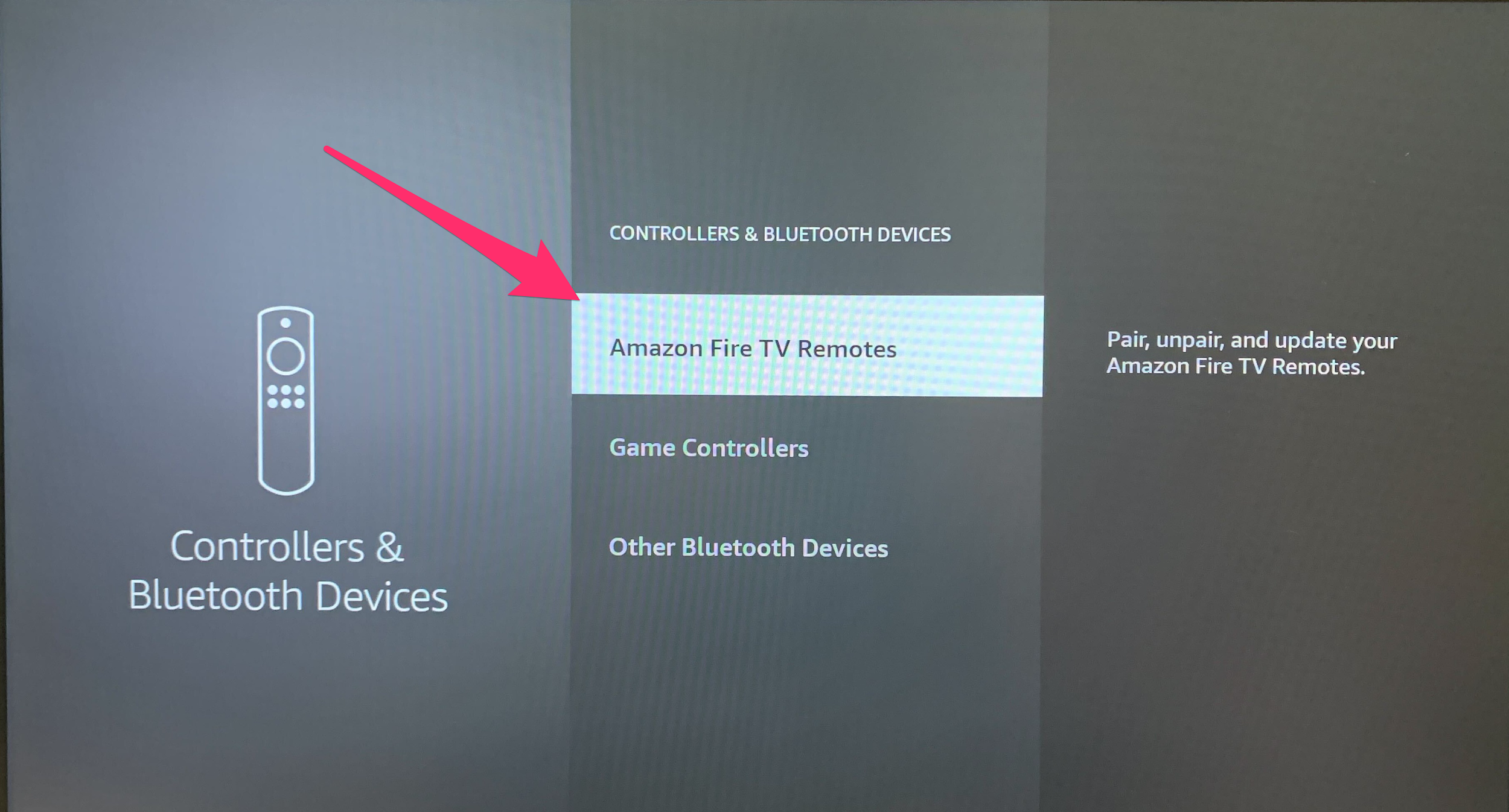 Screenshot of Controllers and Devices menu on Fire TV screen