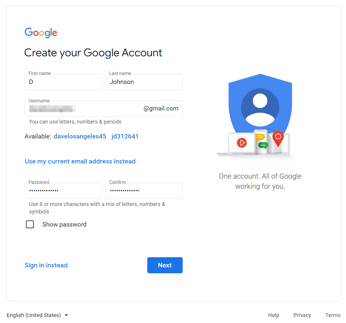 Screenshot of the Create your Google Account page in Chrome