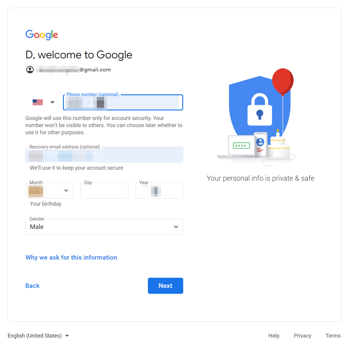 Screenshot of the Create your Google Account page in Chrome