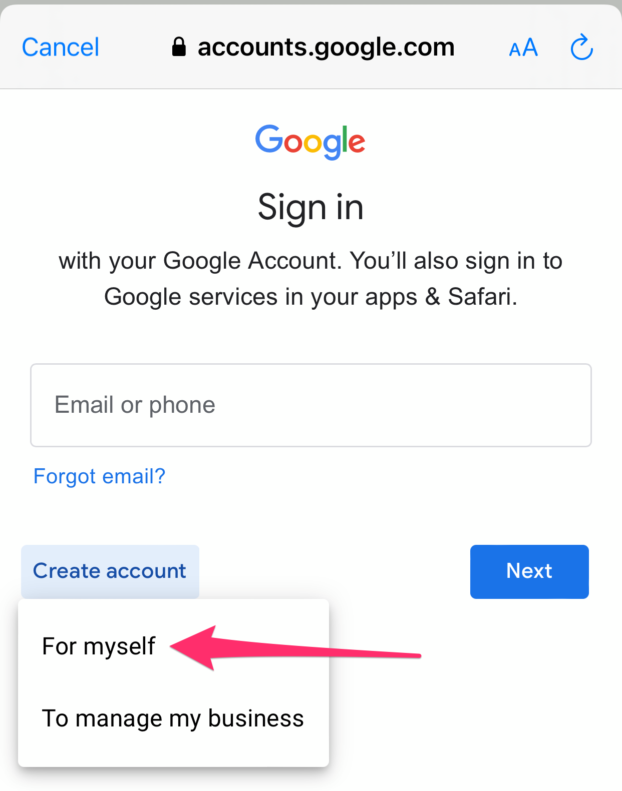 Screenshot of the Google Sign in page on the Gmail app