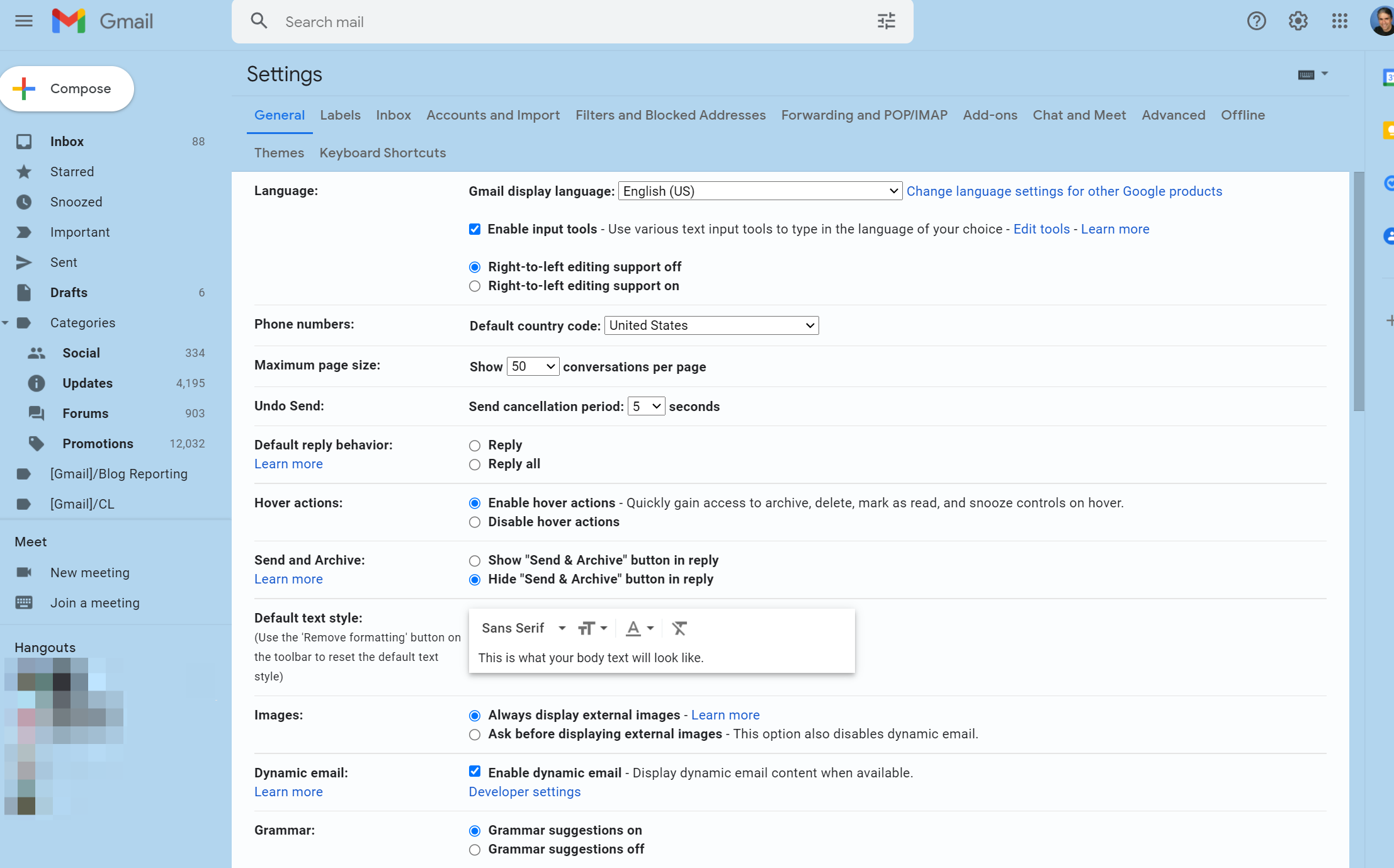 Screenshot of the Settings page in Gmail website