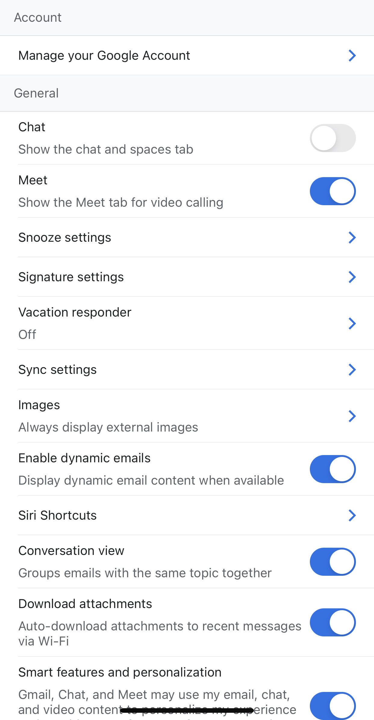 Screenshot of the Settings page in Gmail mobile app