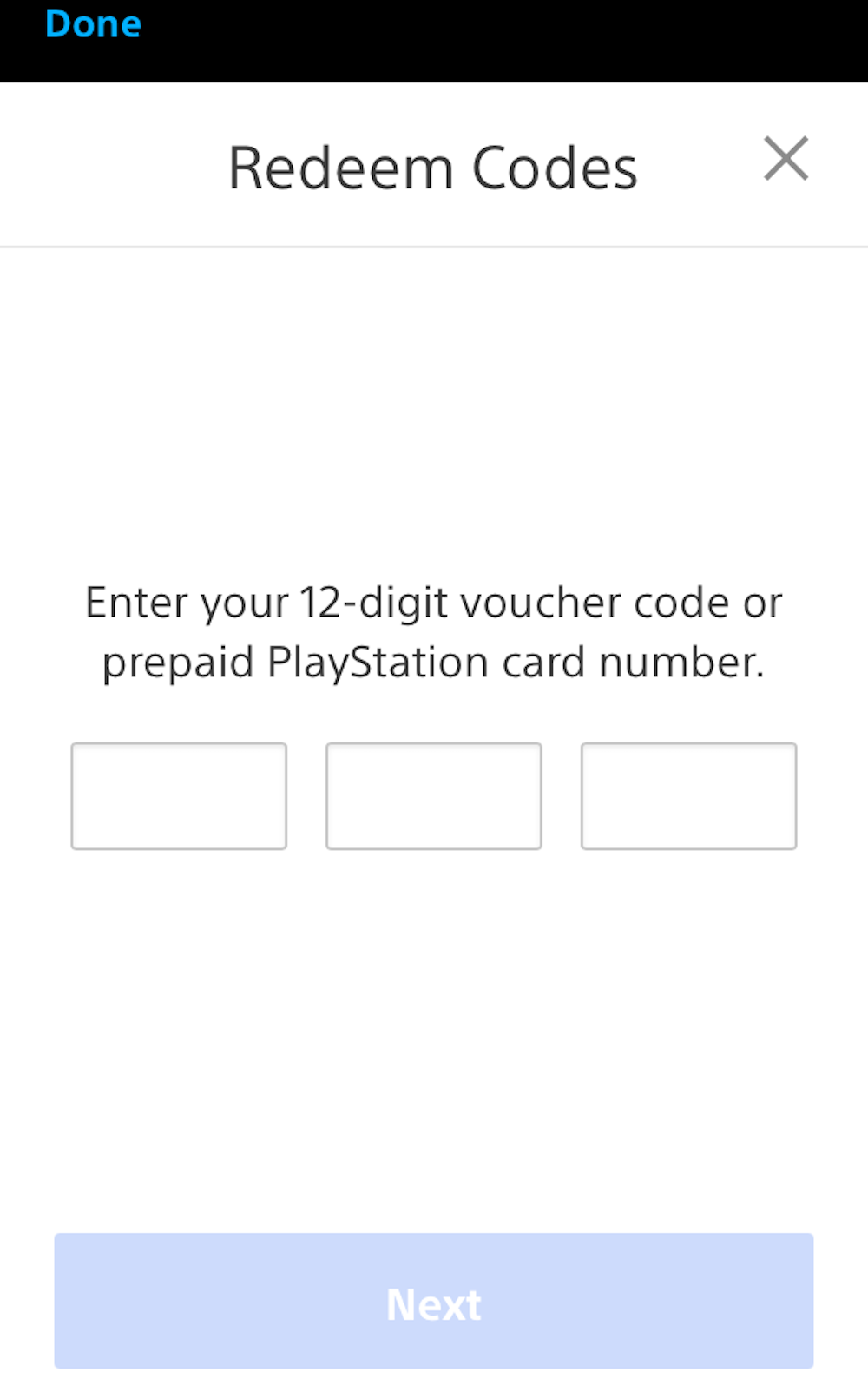 Screenshot of the code redemption screen in the PlayStation app