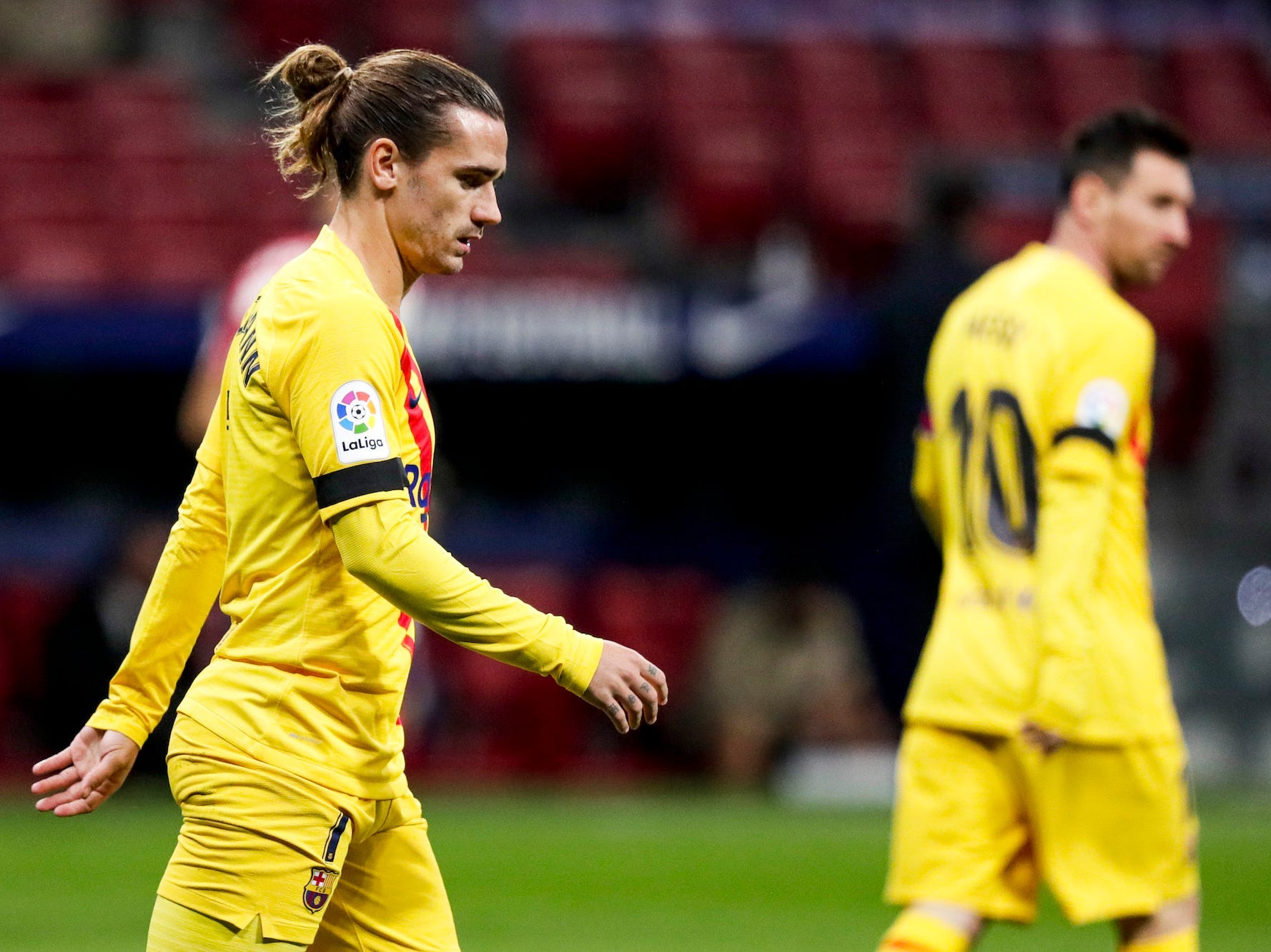 Antoine Griezmann of FC Barcelona, Lionel Messi of FC Barcelona during the La Liga Santander match between Atletico Madrid v FC Barcelona at the Estadio Wanda Metropolitano