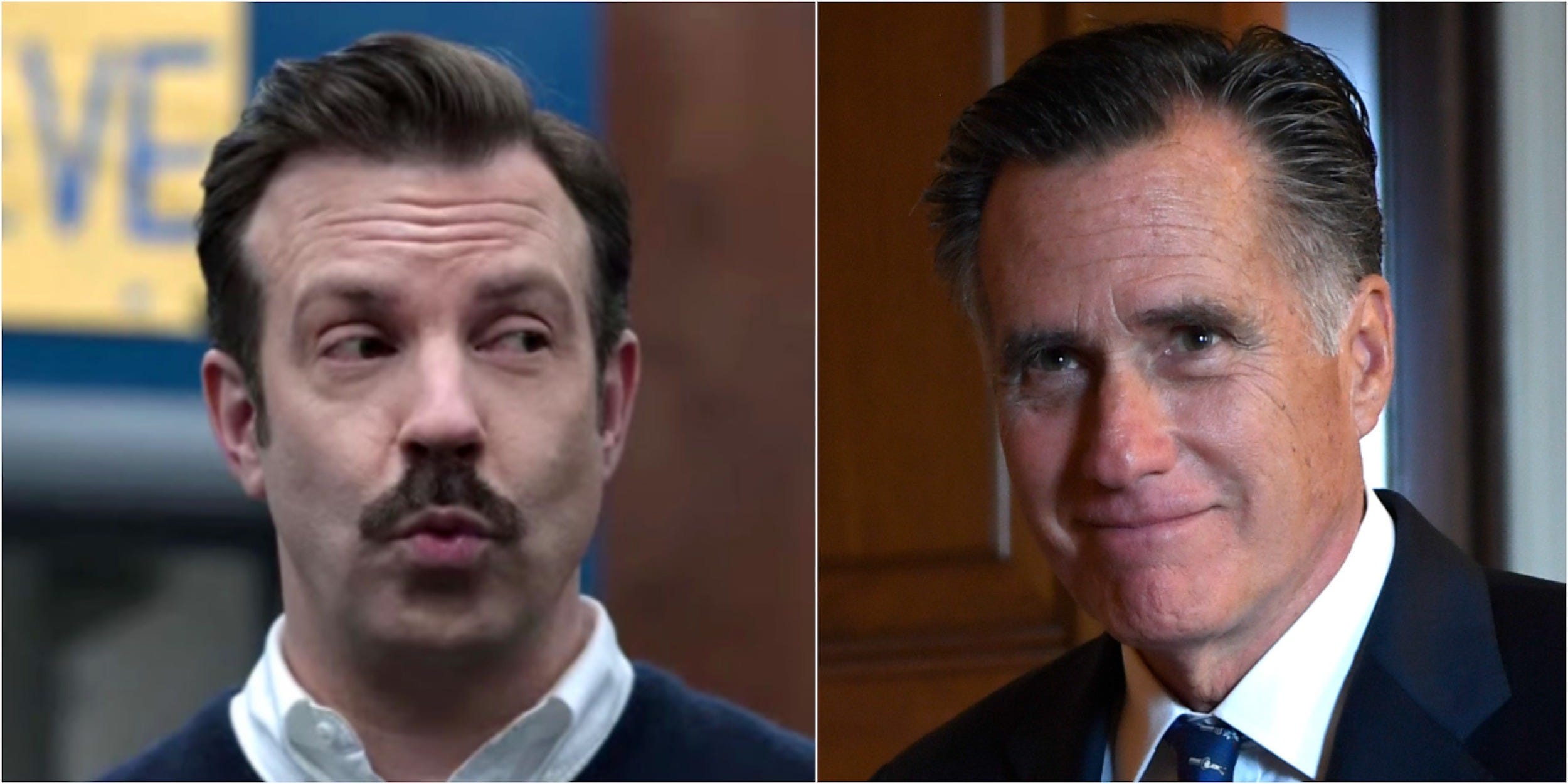 Collage: Actor Jason Sudeikis as Ted Lasso; Sen. Mitt Romney, R-Utah (right).