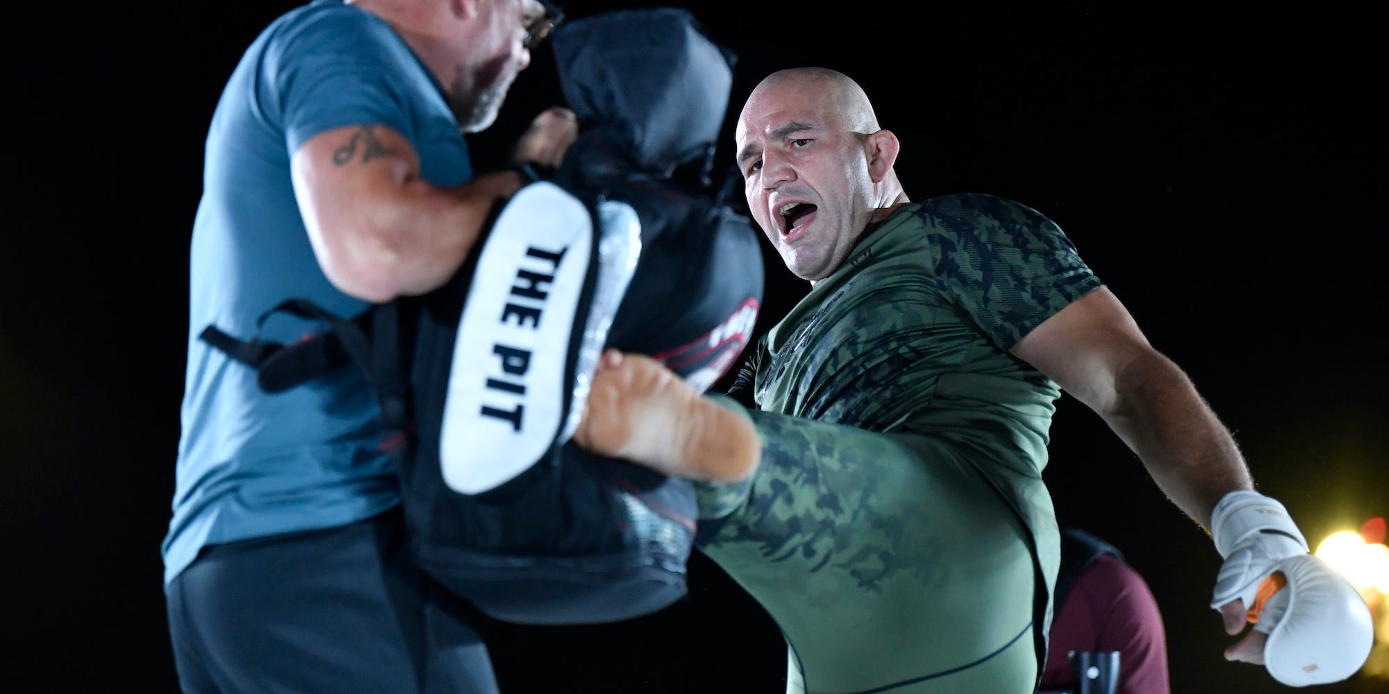 Glover Teixeira throws a kick during his pre-fight practise session in Abu Dhabi.