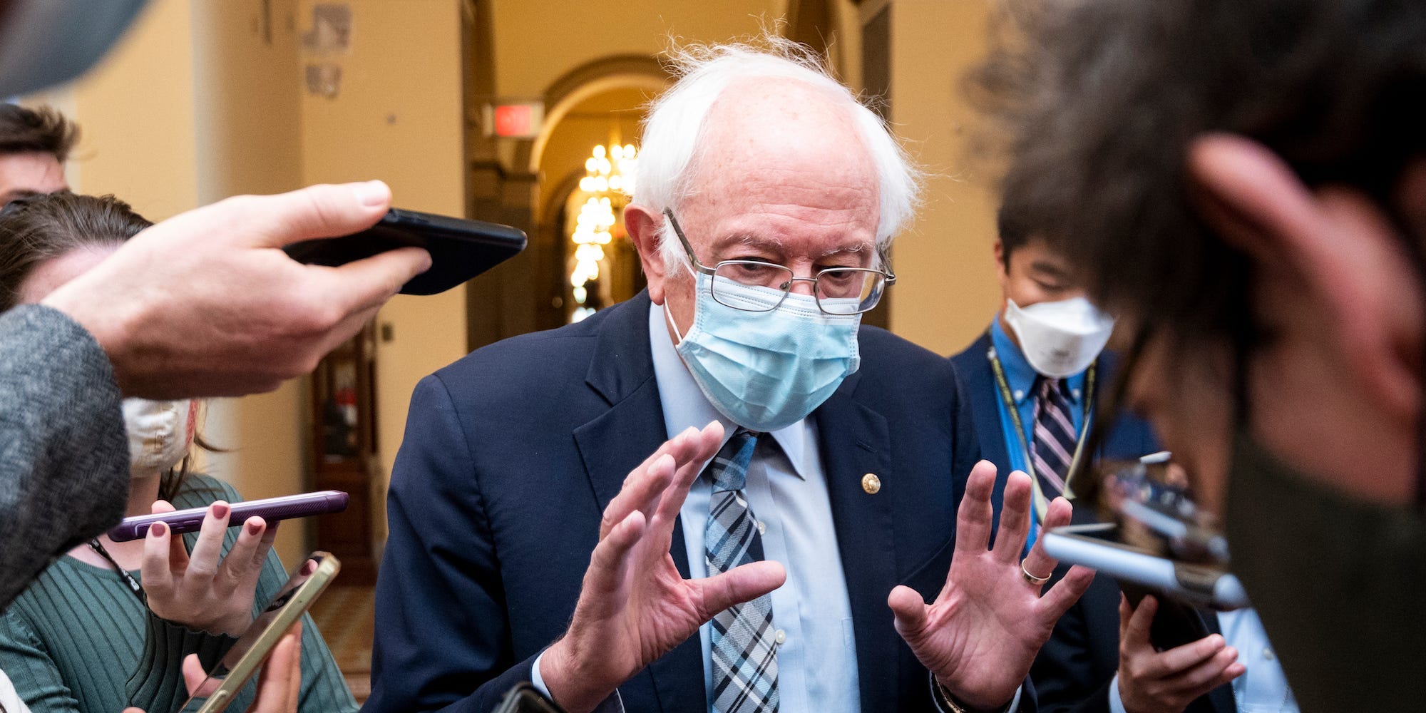 Independent Sen. Bernie Sanders of Vermont speaks with reporters in the Capitol on Wednesday, Oct. 27, 2021.