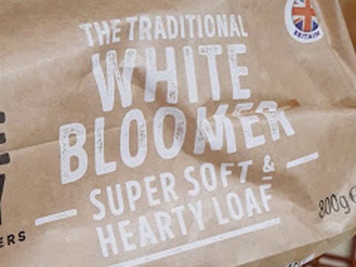 Brown and white bag of Aldi white bloomer bread