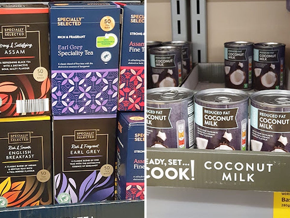 On the left, colorful boxes of tea on a shelf. On the right, cans of coconut milk lined up on a shelf