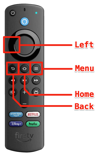 An Amazon Fire TV Alexa Remote, with the important buttons labeled.