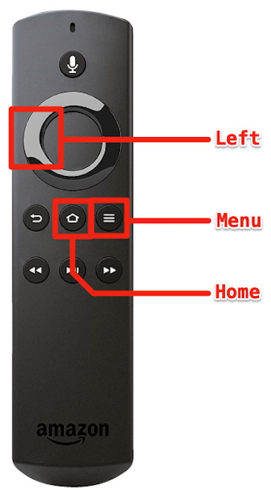 The older Amazon Fire TV Alexa Remote, with the Left, Home, and Menu buttons labeled.