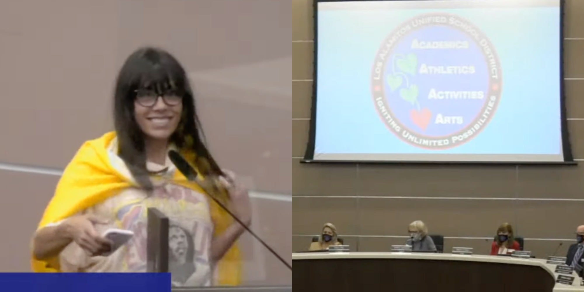 a parent speaks at a school board meeting in Los Alamitos