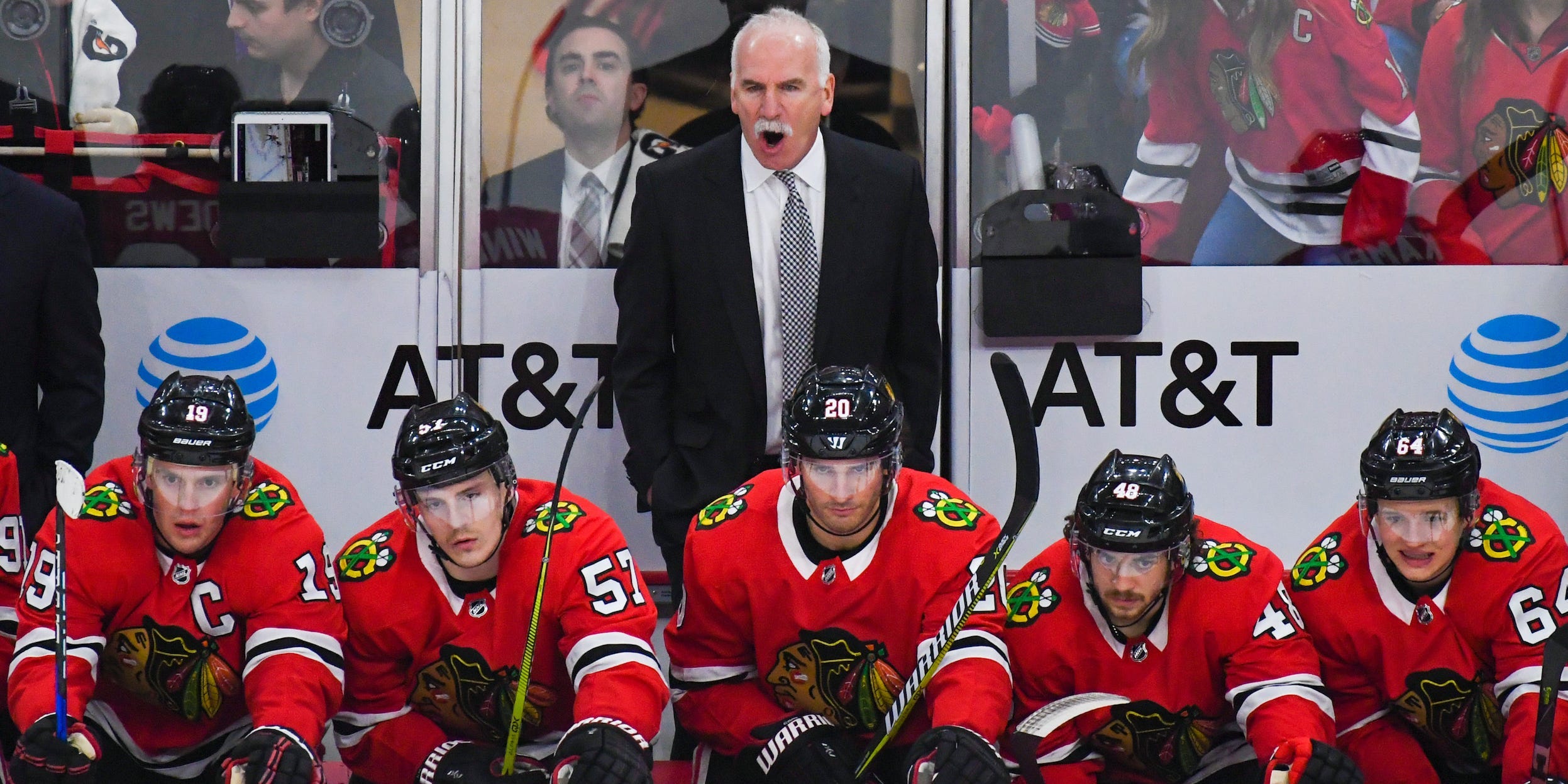 Chicago Blackhawks head coach Joel Quenneville yells from the bench during a game between the Chicago Blackhawks and the San Jose Sharks on February 23, 2018, at the United Center in Chicago, IL.