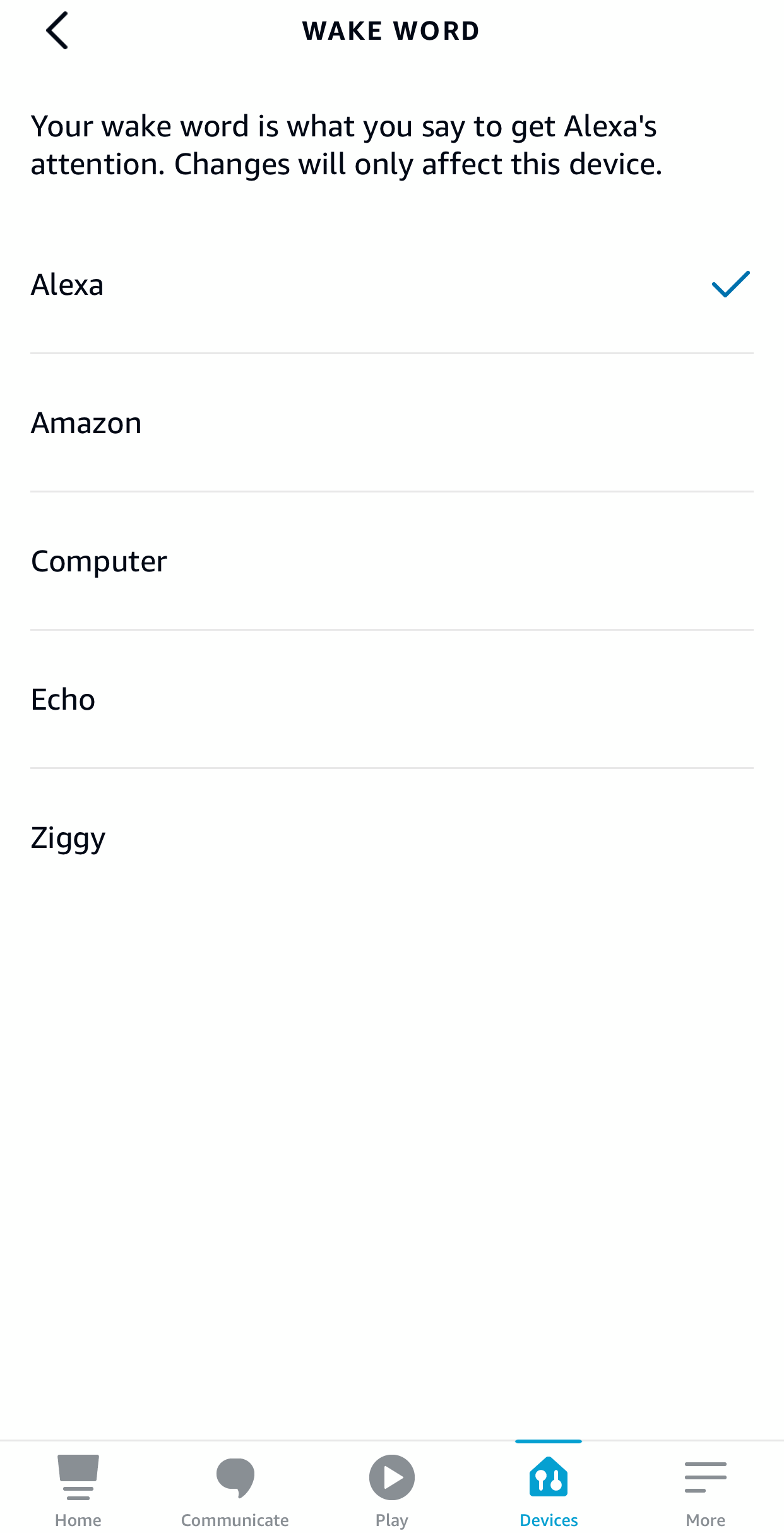 Screenshot of the Wake Word page on Alexa app