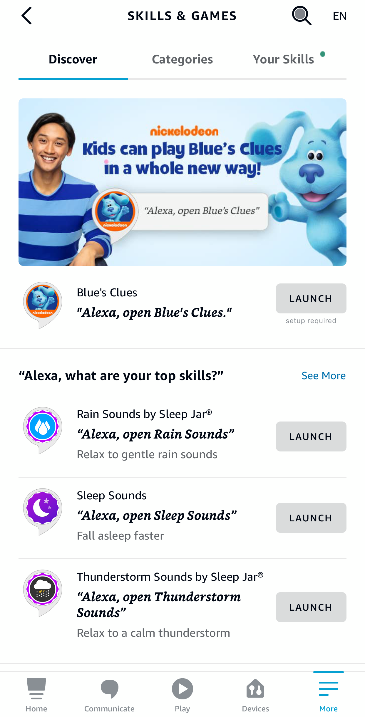 Screenshot of Alexa skills page on Alexa app