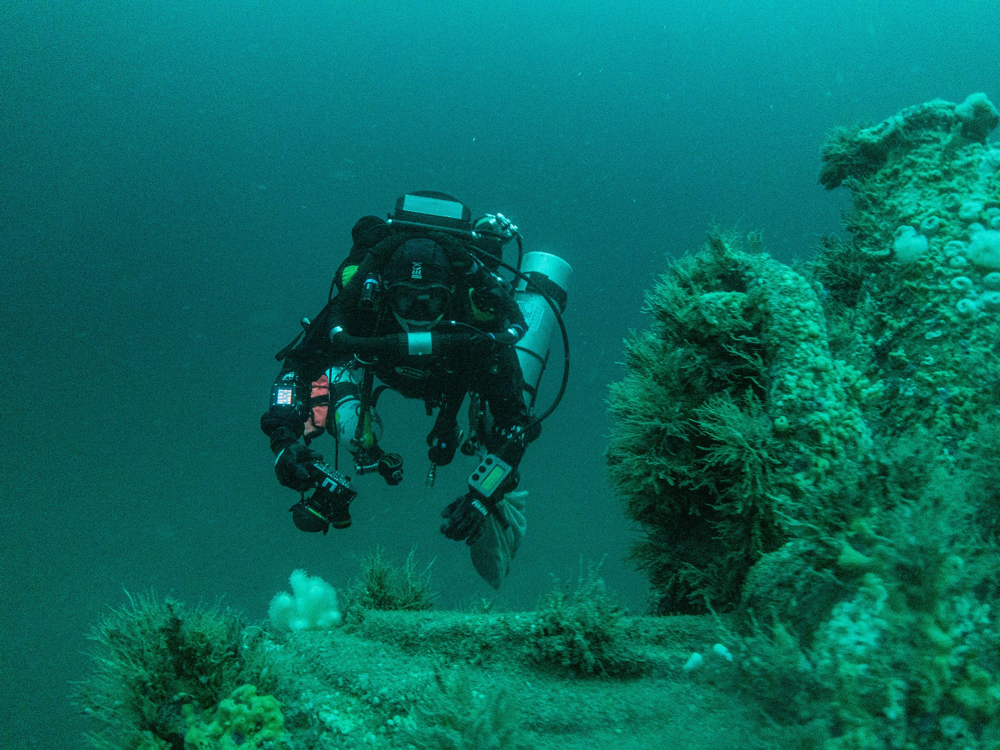 Diver moves around U-boat wreck