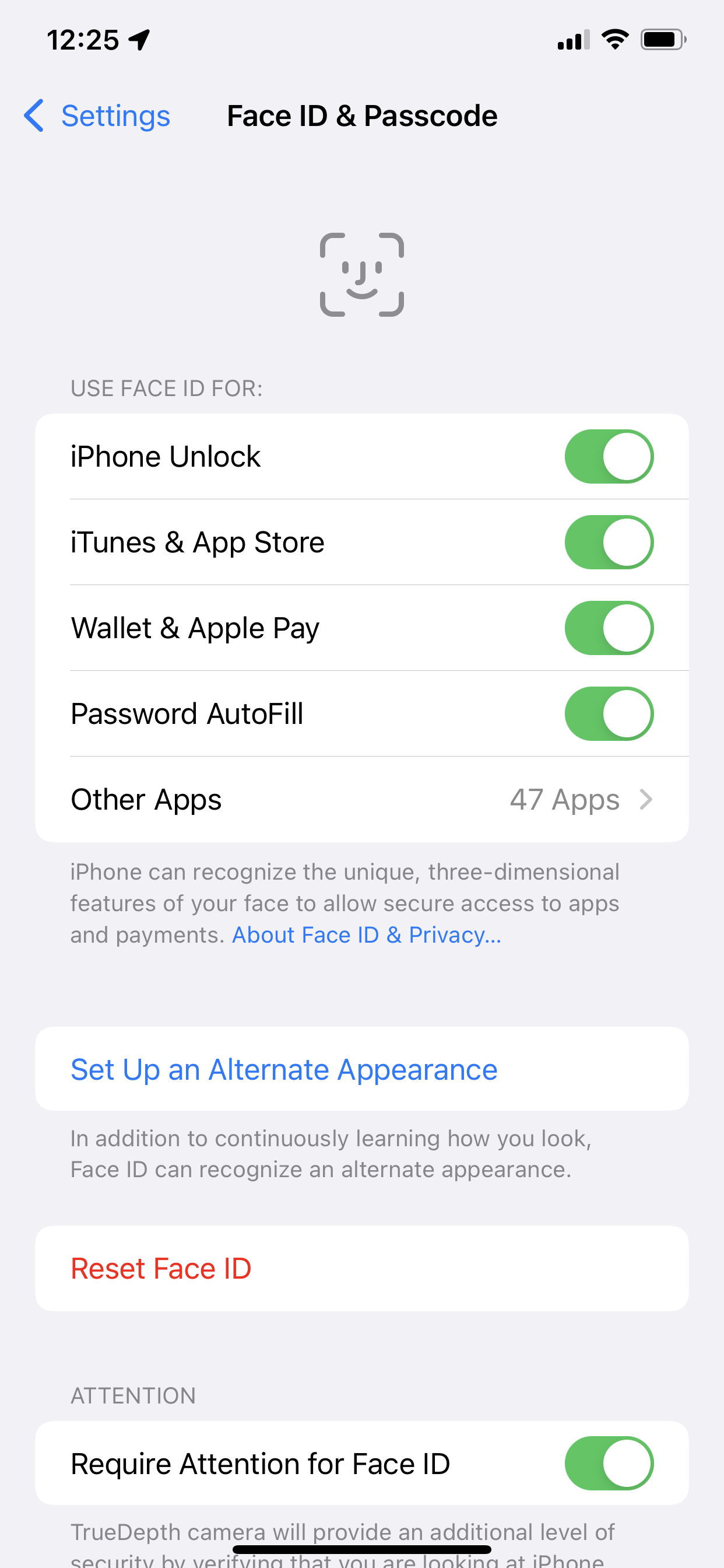 Settings app Face ID page on iOS.