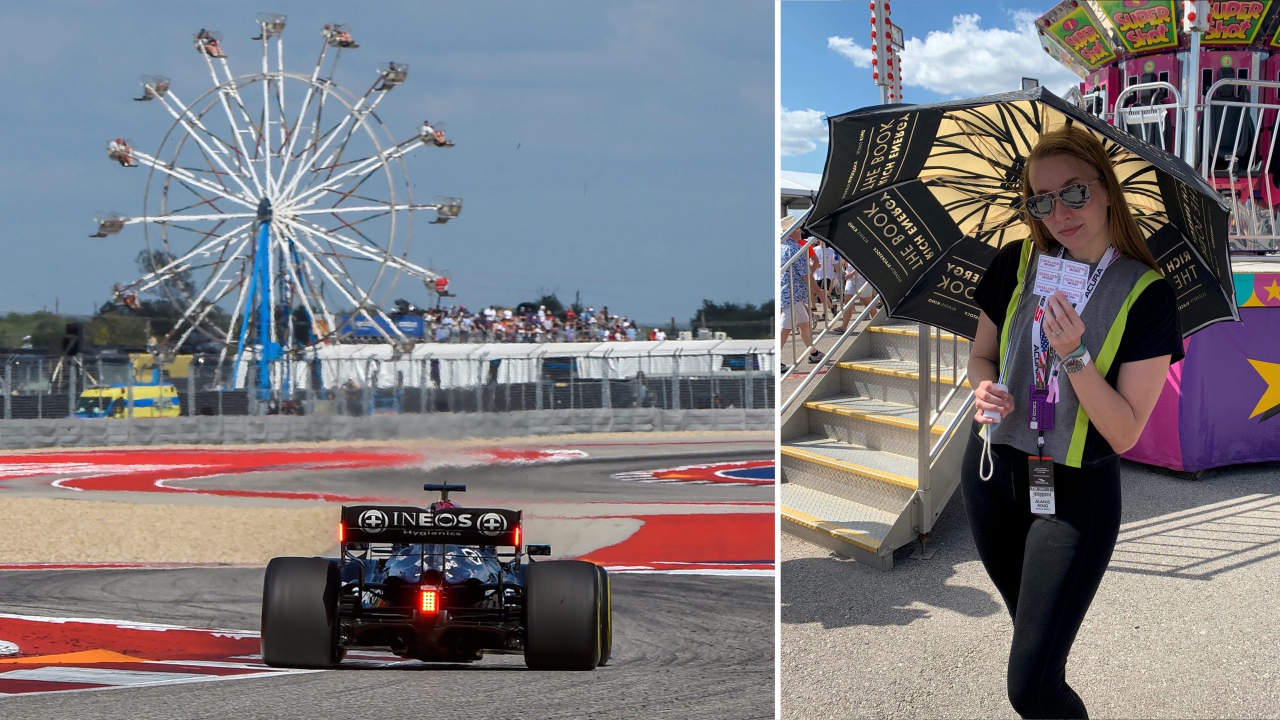 On the left is an F1 car driving near a Ferris wheel. On the right is the writer, Alanis King, at a carnival ride at Circuit of The Americas.