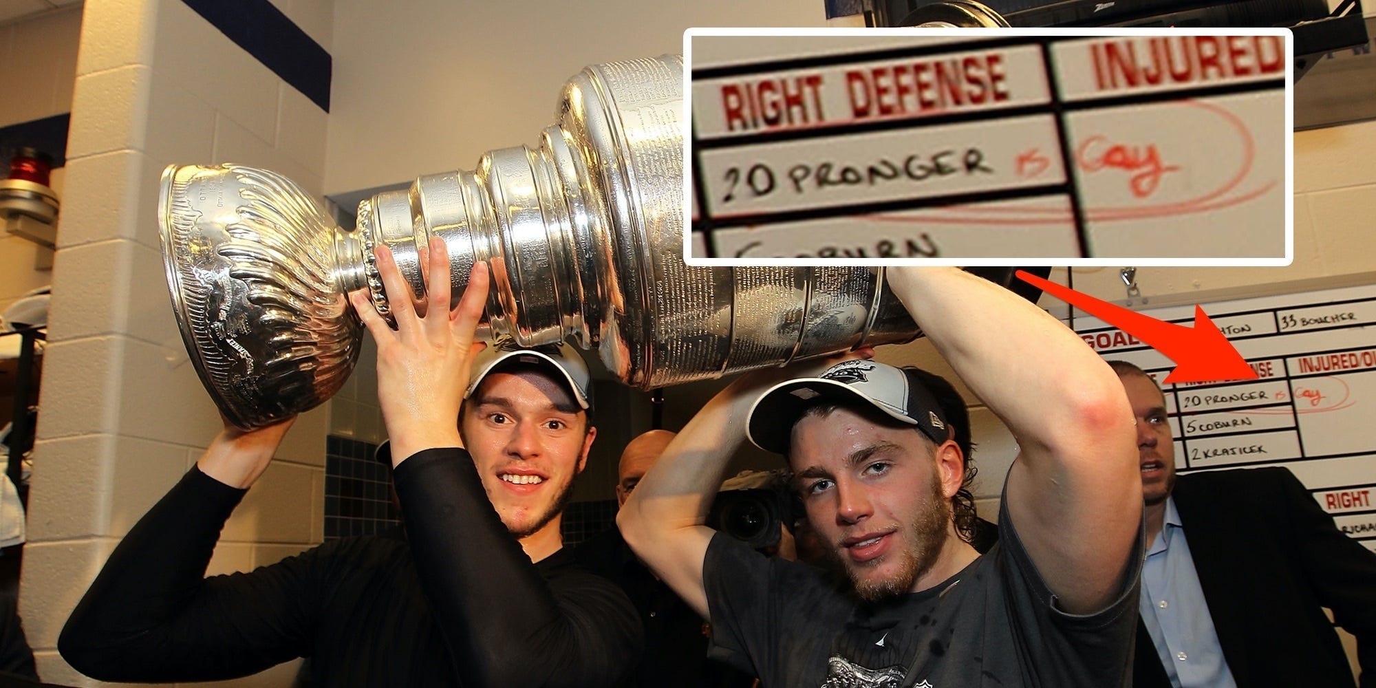 Jonathan Toews #19 and Patrick Kane #88 of the Chicago Blackhawks hoist the Stanley Cup in the locker room after Kane scored the game-winning goal in overtime to defeat the Philadelphia Flyers 4-3 and win the Stanley Cup in Game Six of the 2010 NHL Stanley Cup Final at the Wachovia Center on June 9, 2010 in Philadelphia, Pennsylvania.