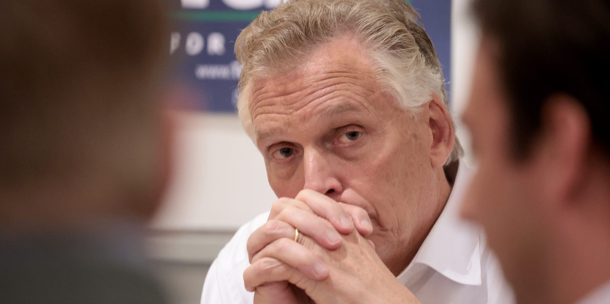 Democratic gubernatorial candidate, former Virginia Gov. Terry McAuliffe speaks with local business owners during a business roundtable campaign event October 20, 2021 in Charlottesville, Virginia.