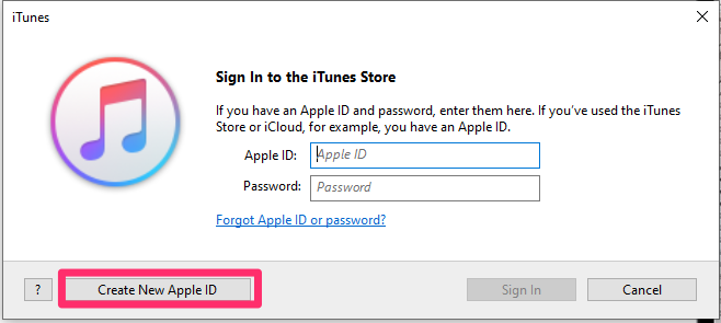 windows itunes create apple id