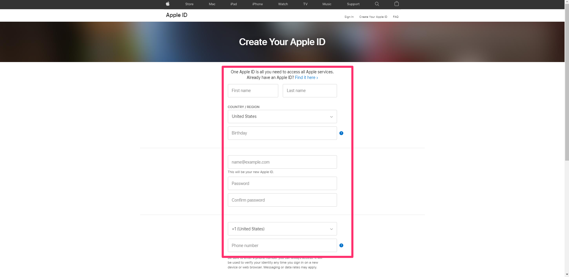 apple id web page form