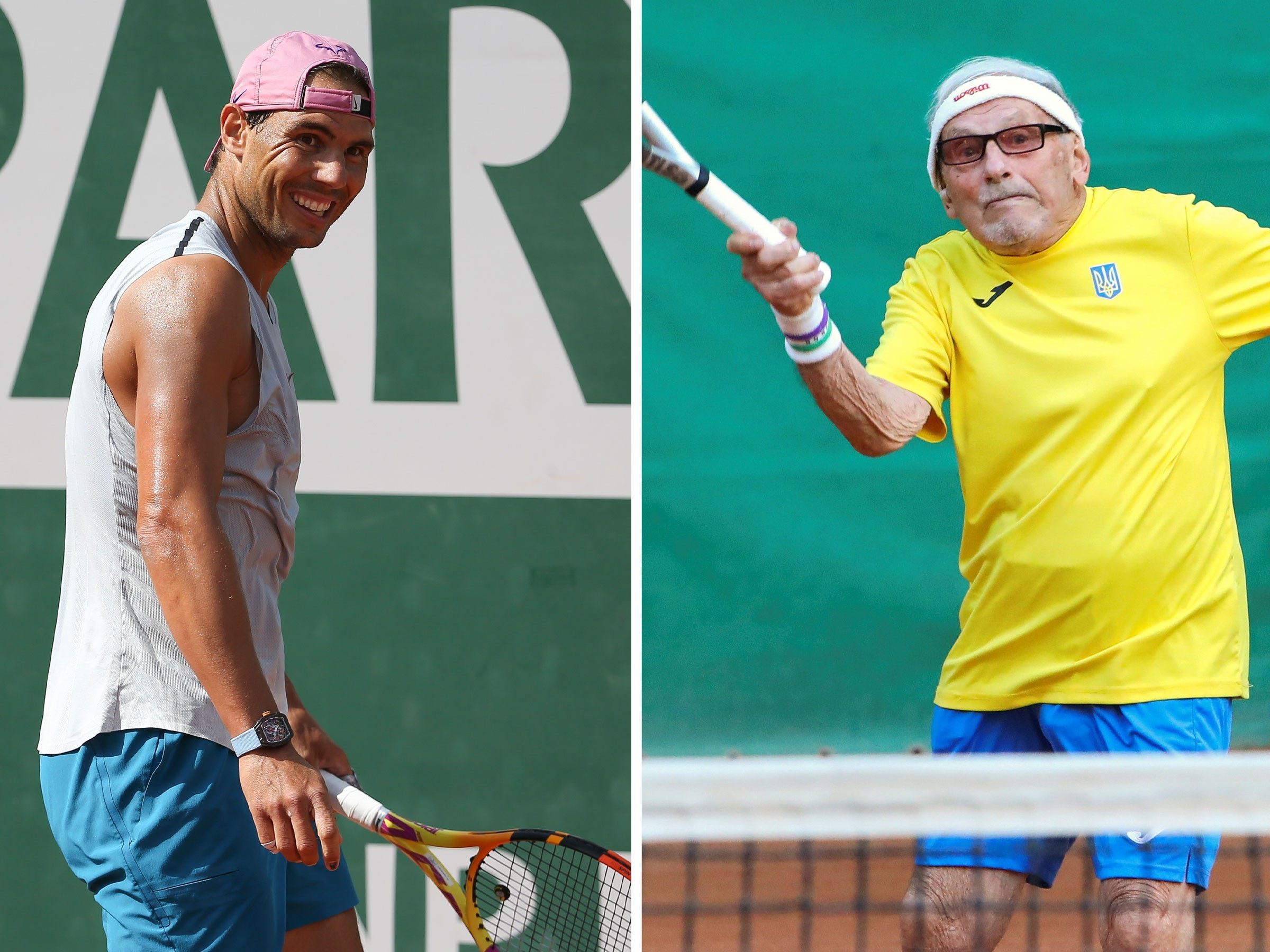 Rafael Nadal (left) hit with 97-year-old competitive tennis player Leonid Stanislavskyi.