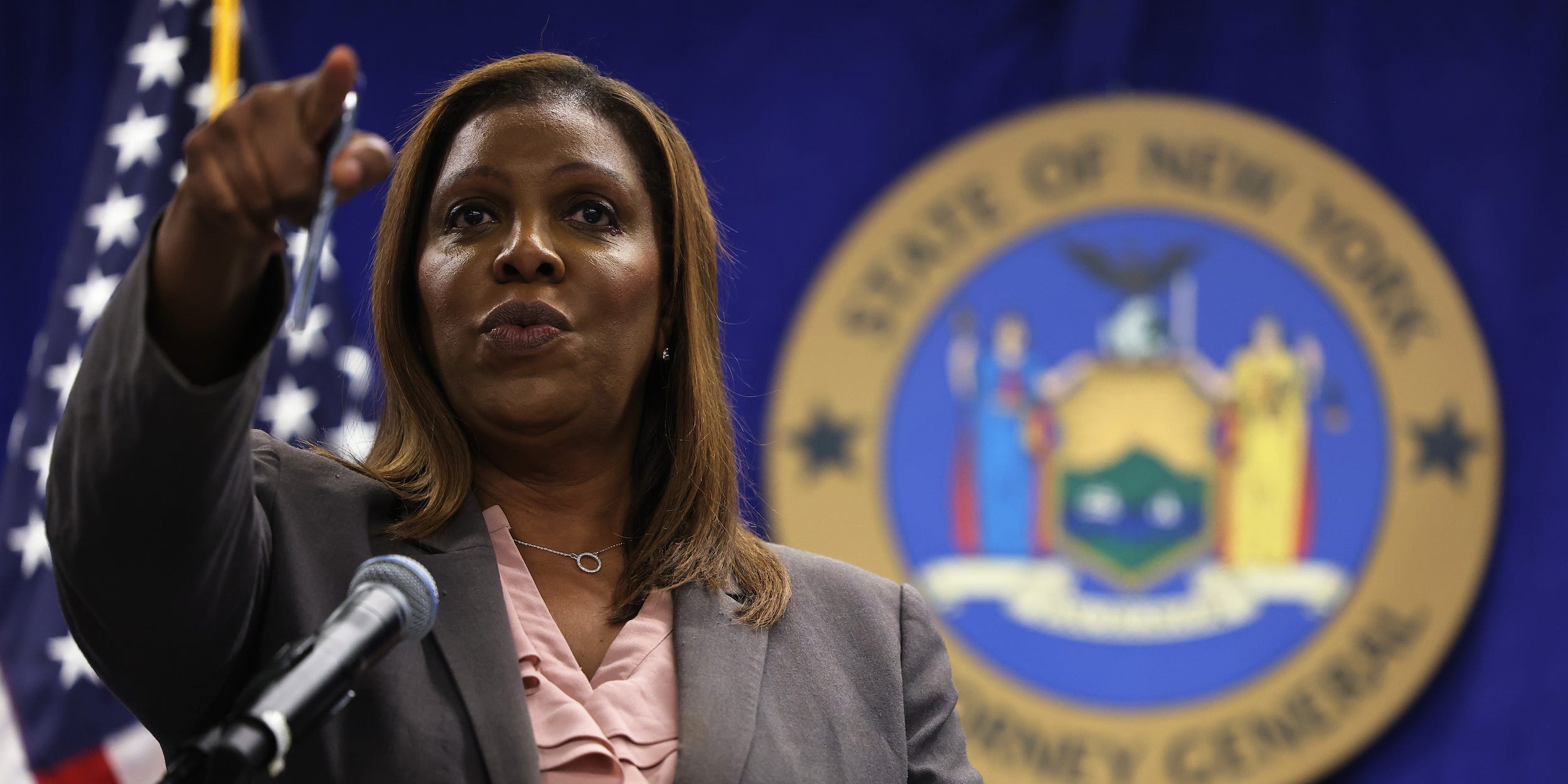 New York Attorney General Letitia James points as she speaks during a press conference announcing legislation to reform police use of force laws in Manhattan on May 21, 2021 in New York City.