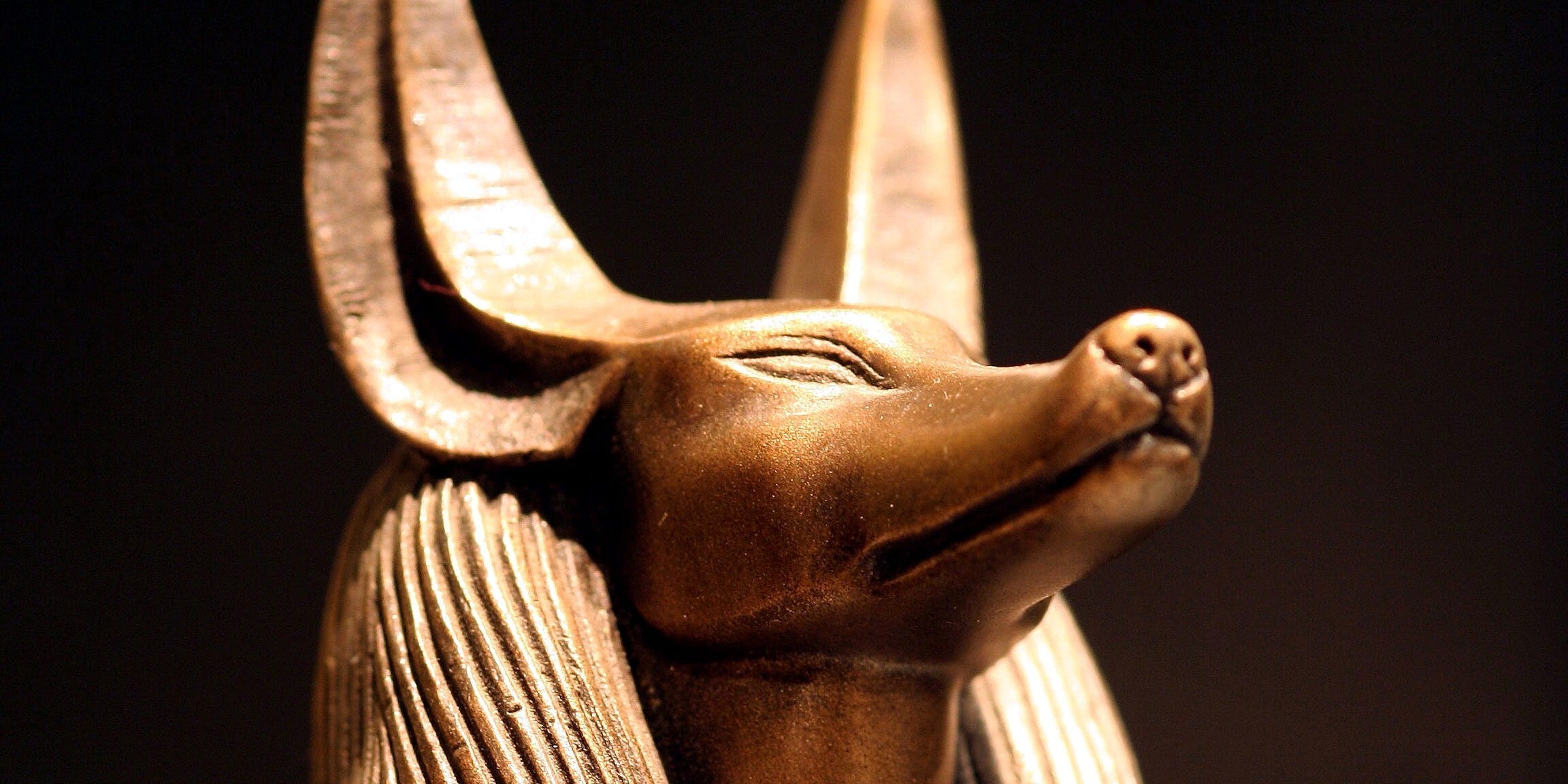 A close-up photo of an ornamental stature of Anubis, the dog-like Egyptian god of death