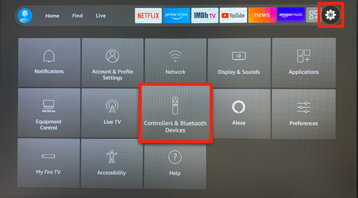 The Settings screen on an Amazon Firestick, with the "Controllers & Bluetooth Devices" option highlighted.