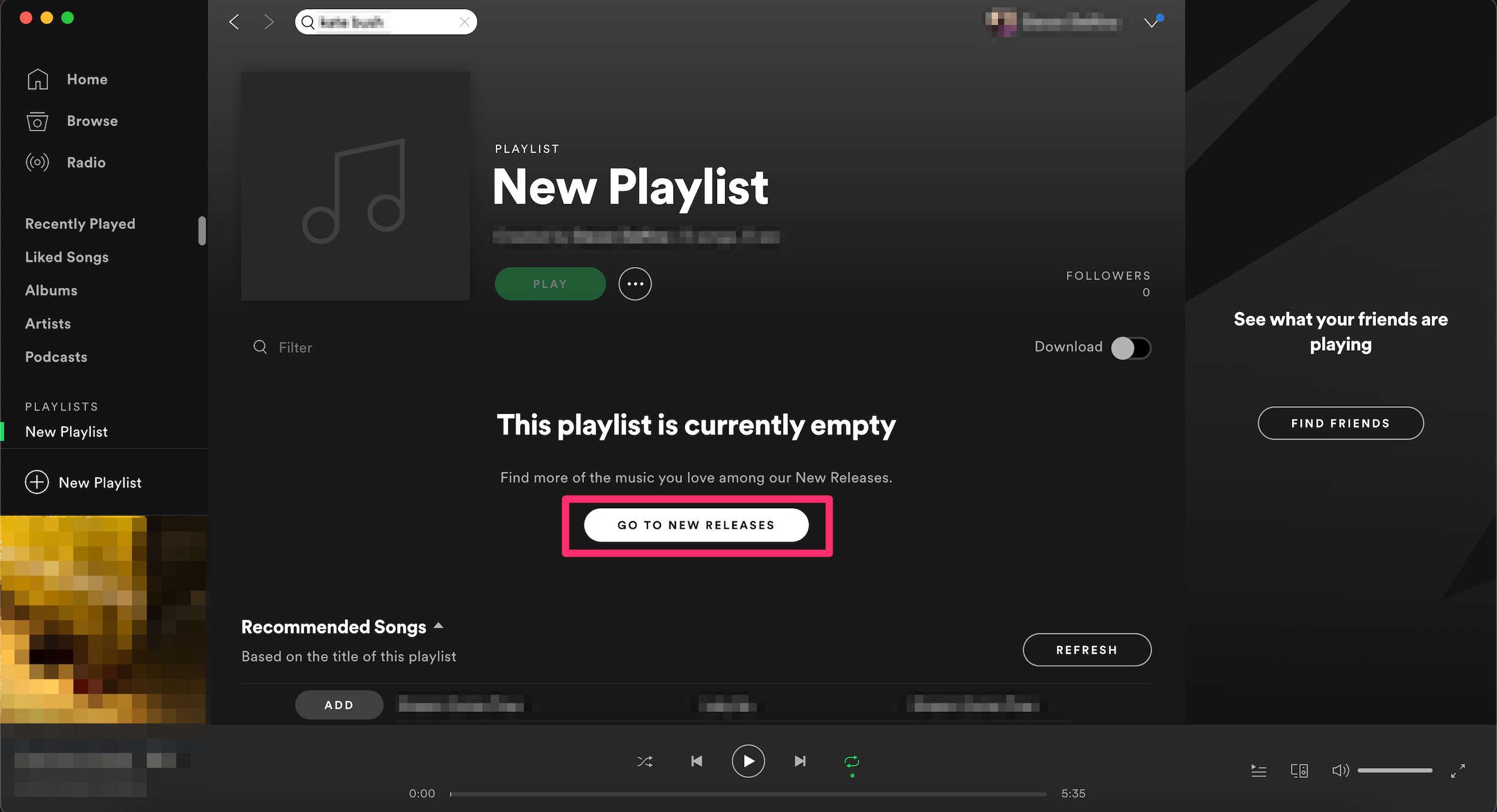 Screenshot of a newly created playlist on Spotify