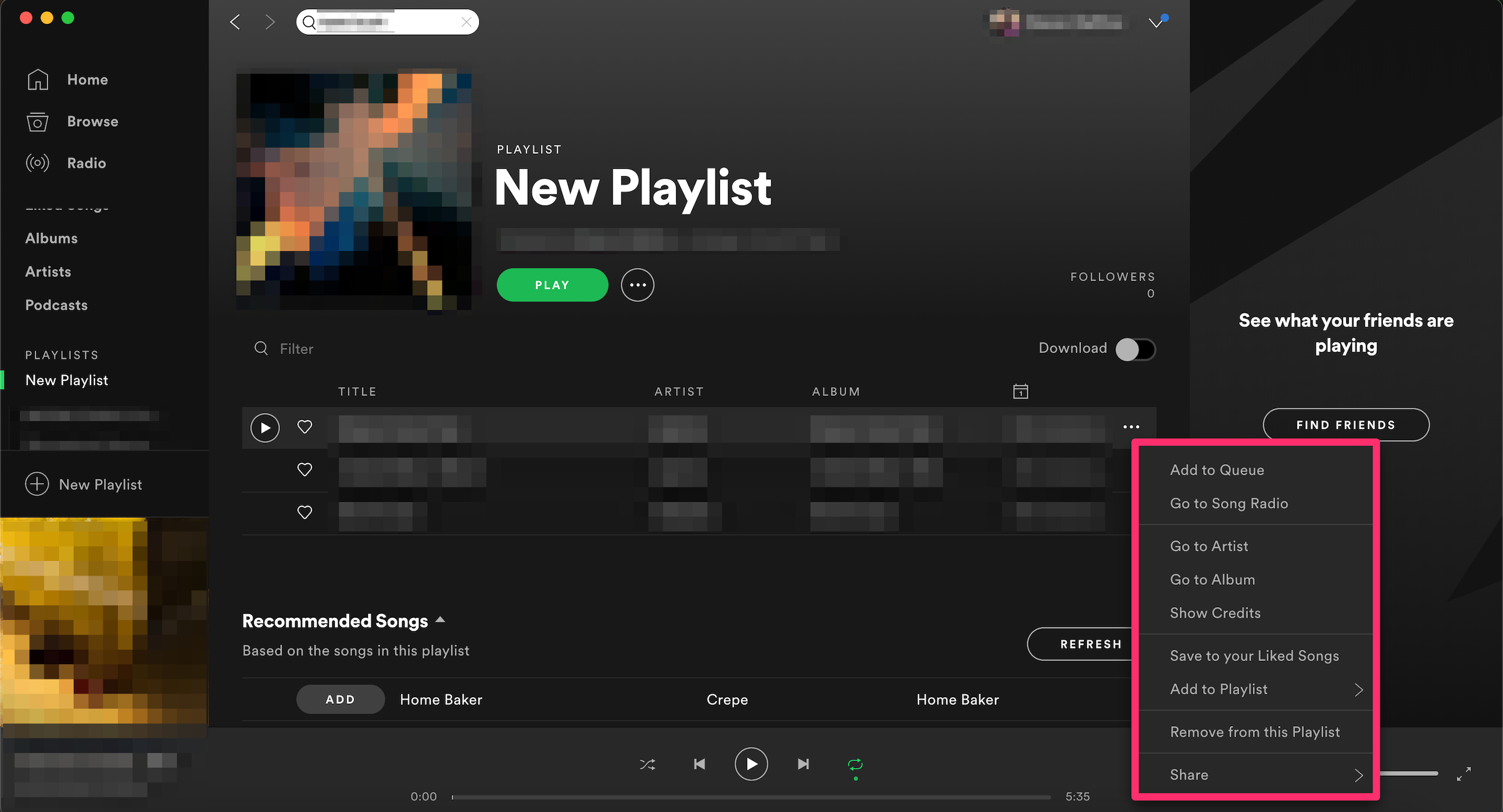 Screenshot of the three dots menu next to a song in a Spotify playlist