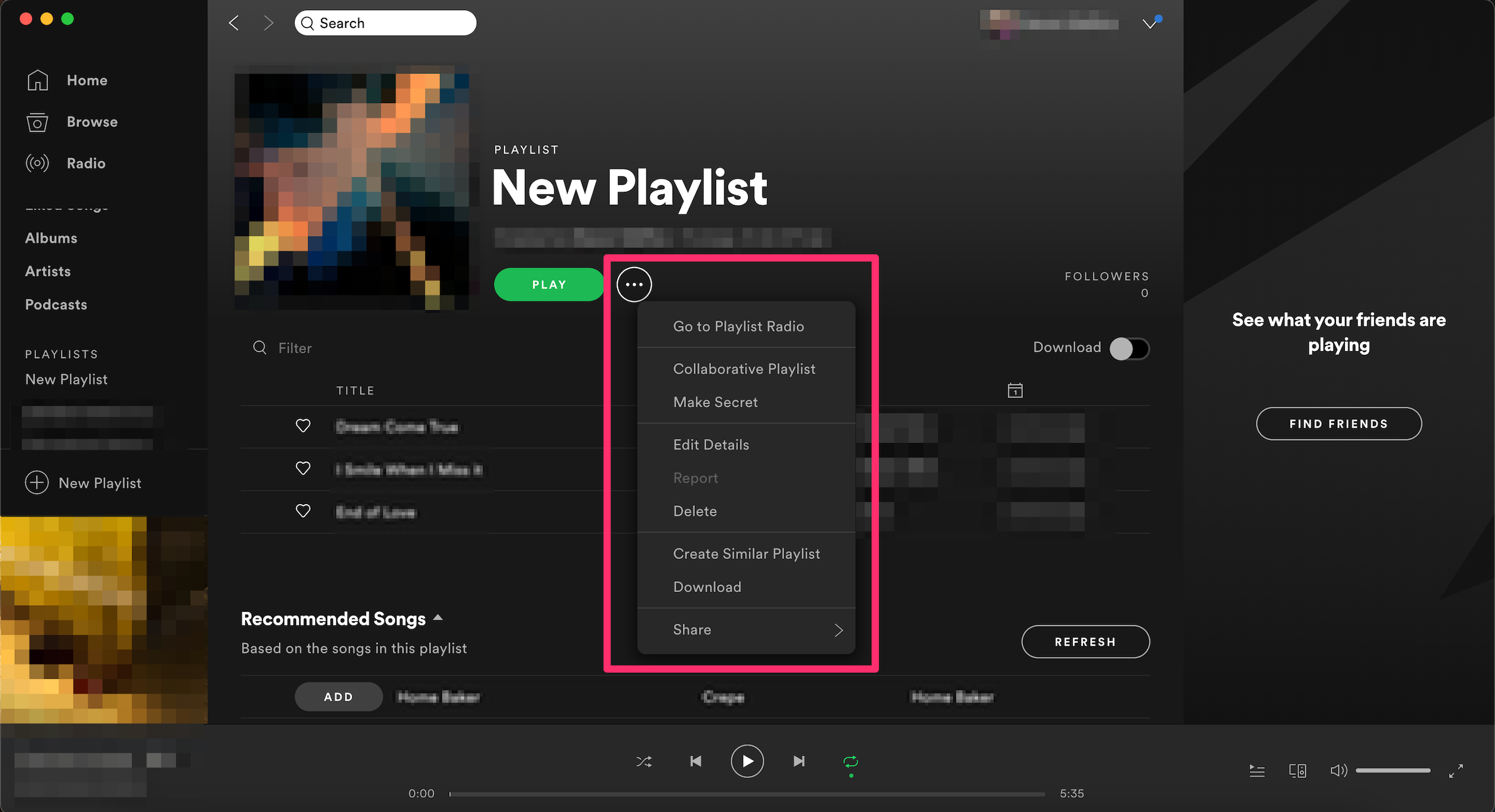 Screenshot of the three-dot icon menu next to a Spotify playlist name