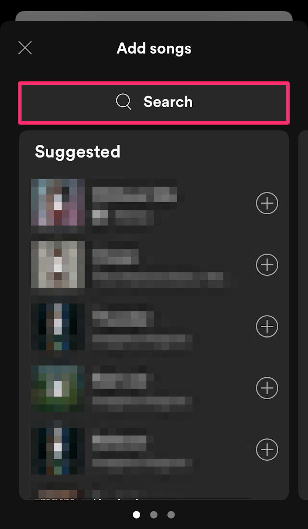 Screenshot highlighting the search feature that appears after tapping Add Songs on a new Spotify playlist