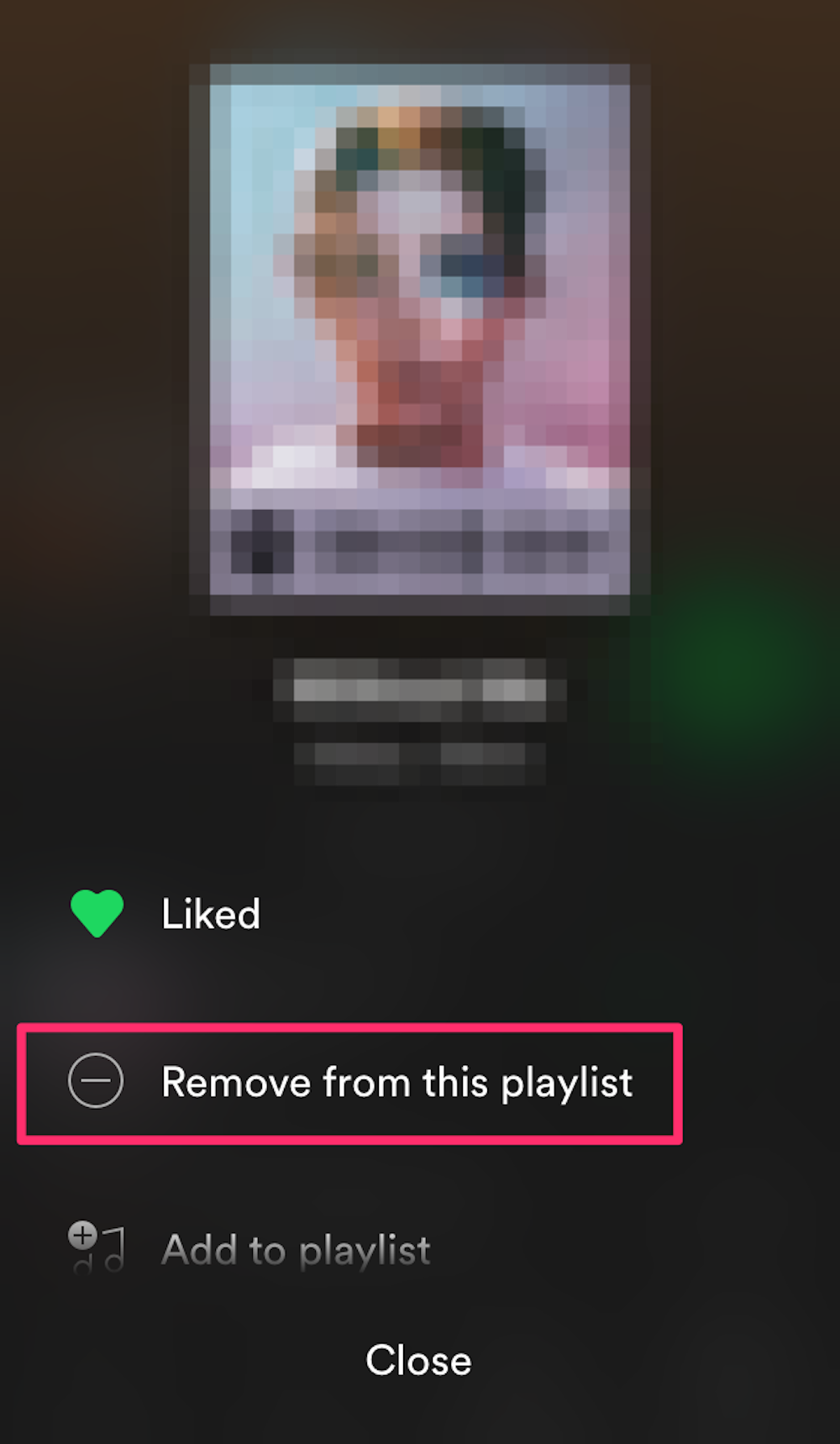 Screenshot highlighting how to delete a song from a Spotify playlist