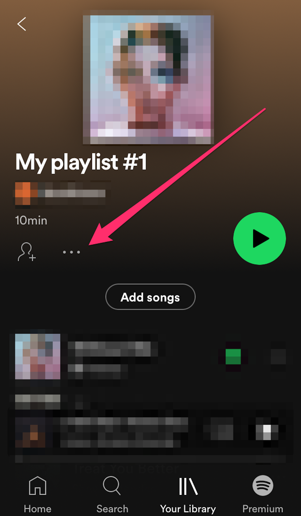 Screenshot highlighting the three dots near a playlist name on the Spotify app