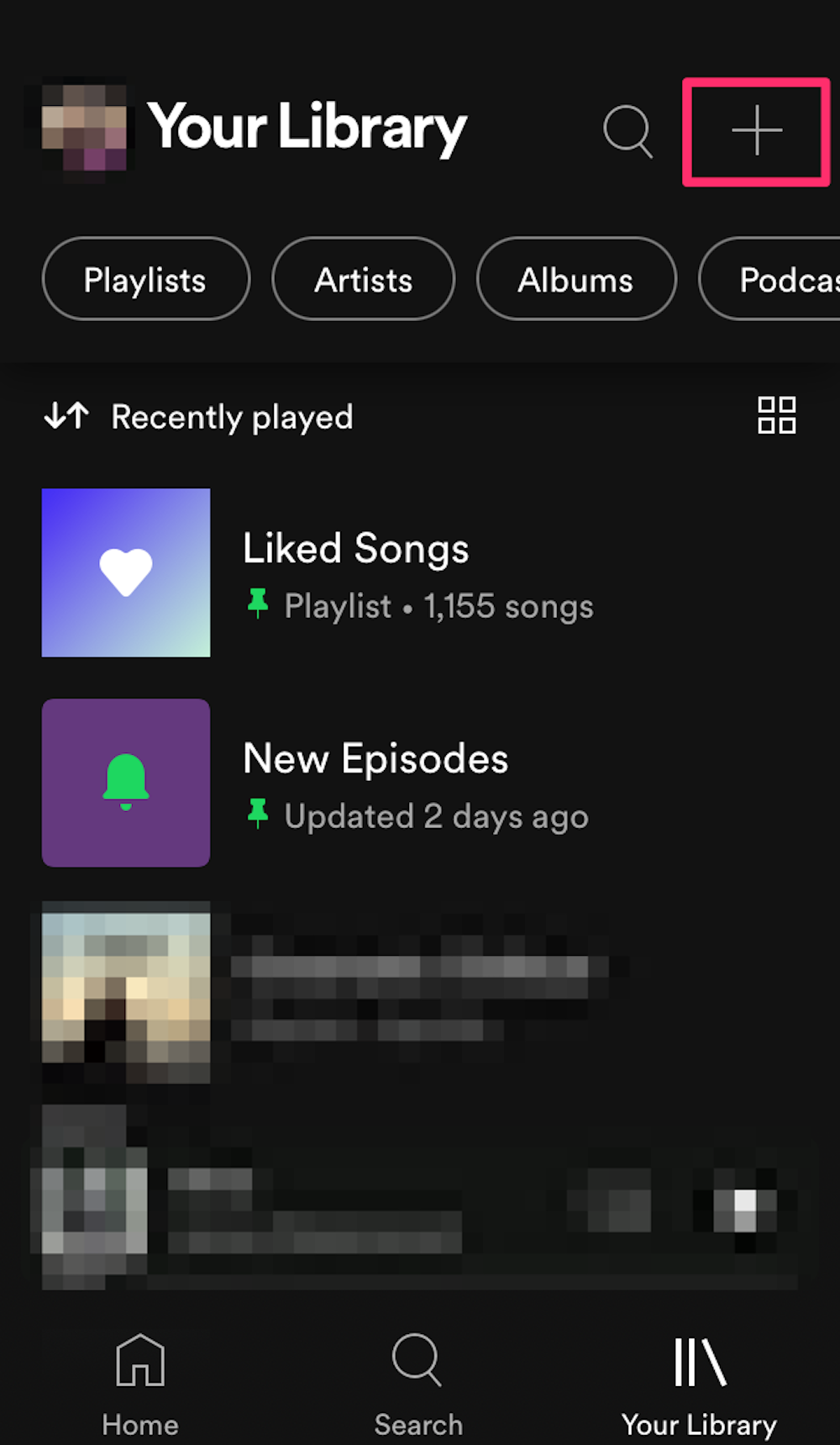 Screenshot highlighting the plus sign that appears on the Library in the Spotify mobile app