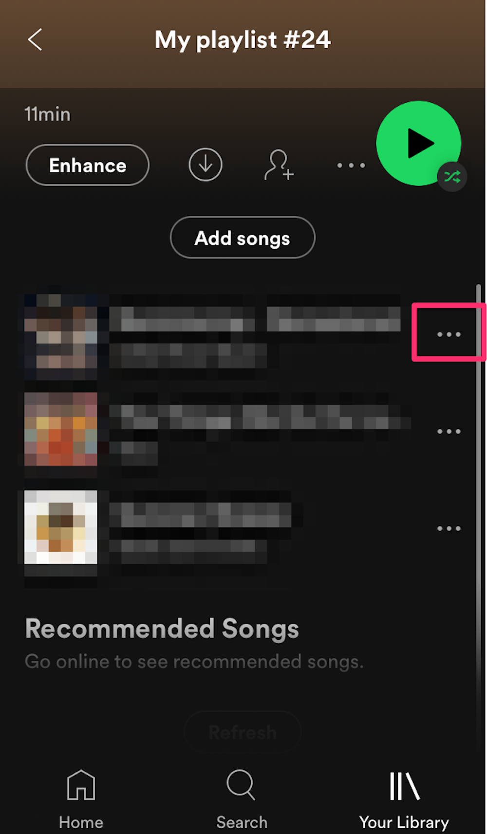 Screenshot of a playlist on Spotify, highlighting the three dots that appear to the right of a song title