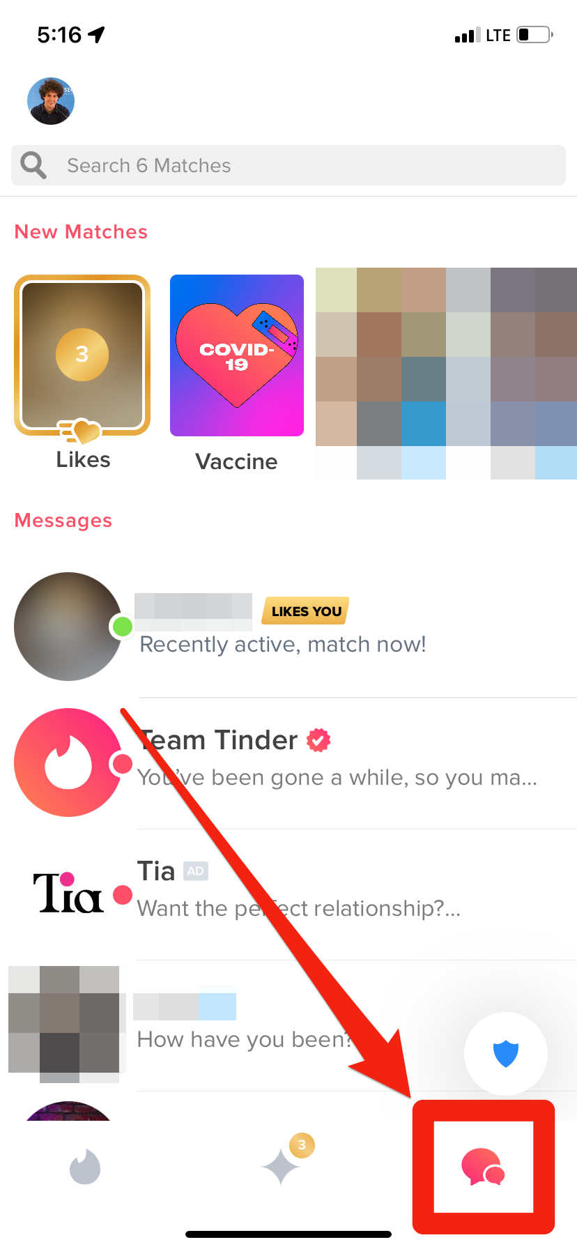 The Tinder chat page, with its icon in the bottom toolbar highlighted.