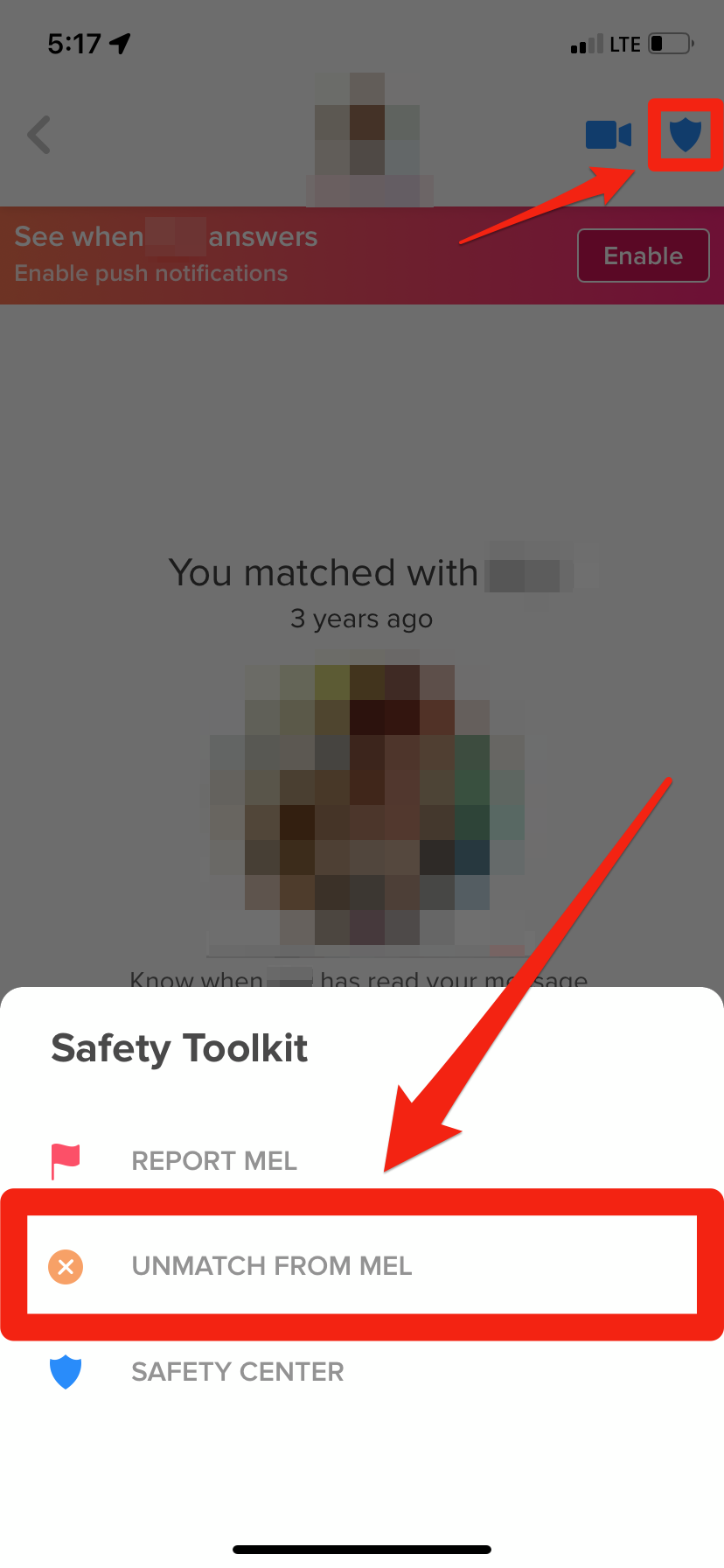 The option that lets you unmatch from someone on Tinder.