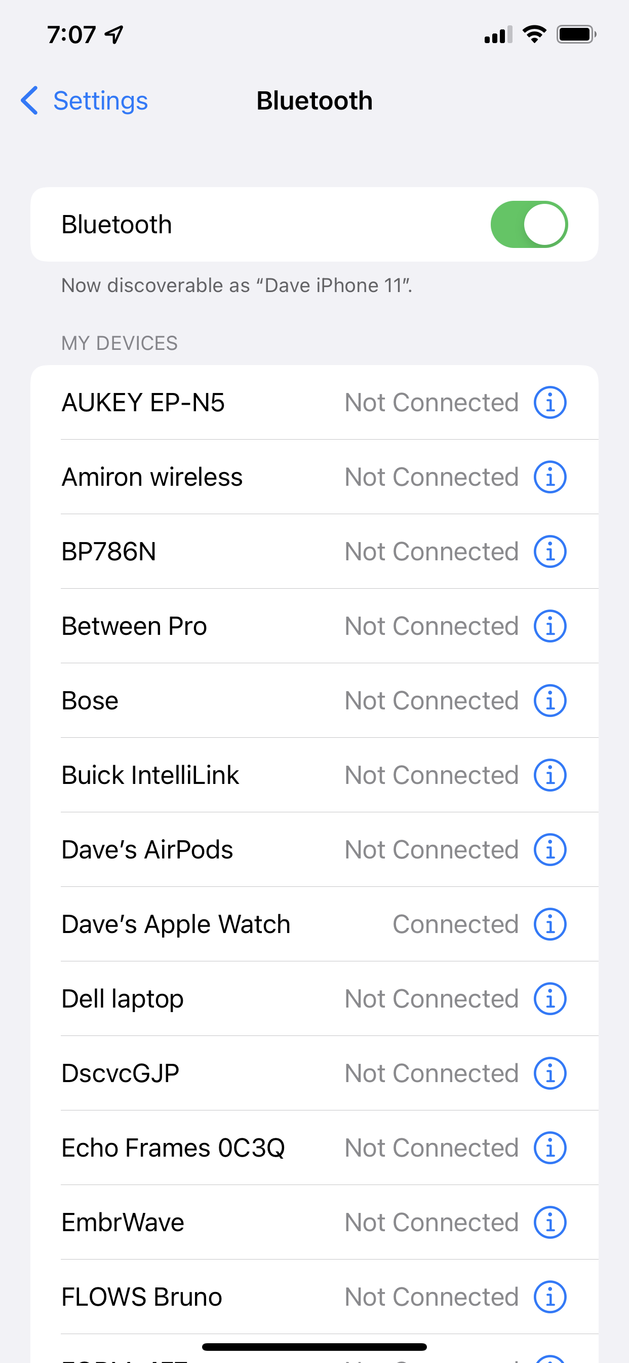 Bluetooth settings in iOS.