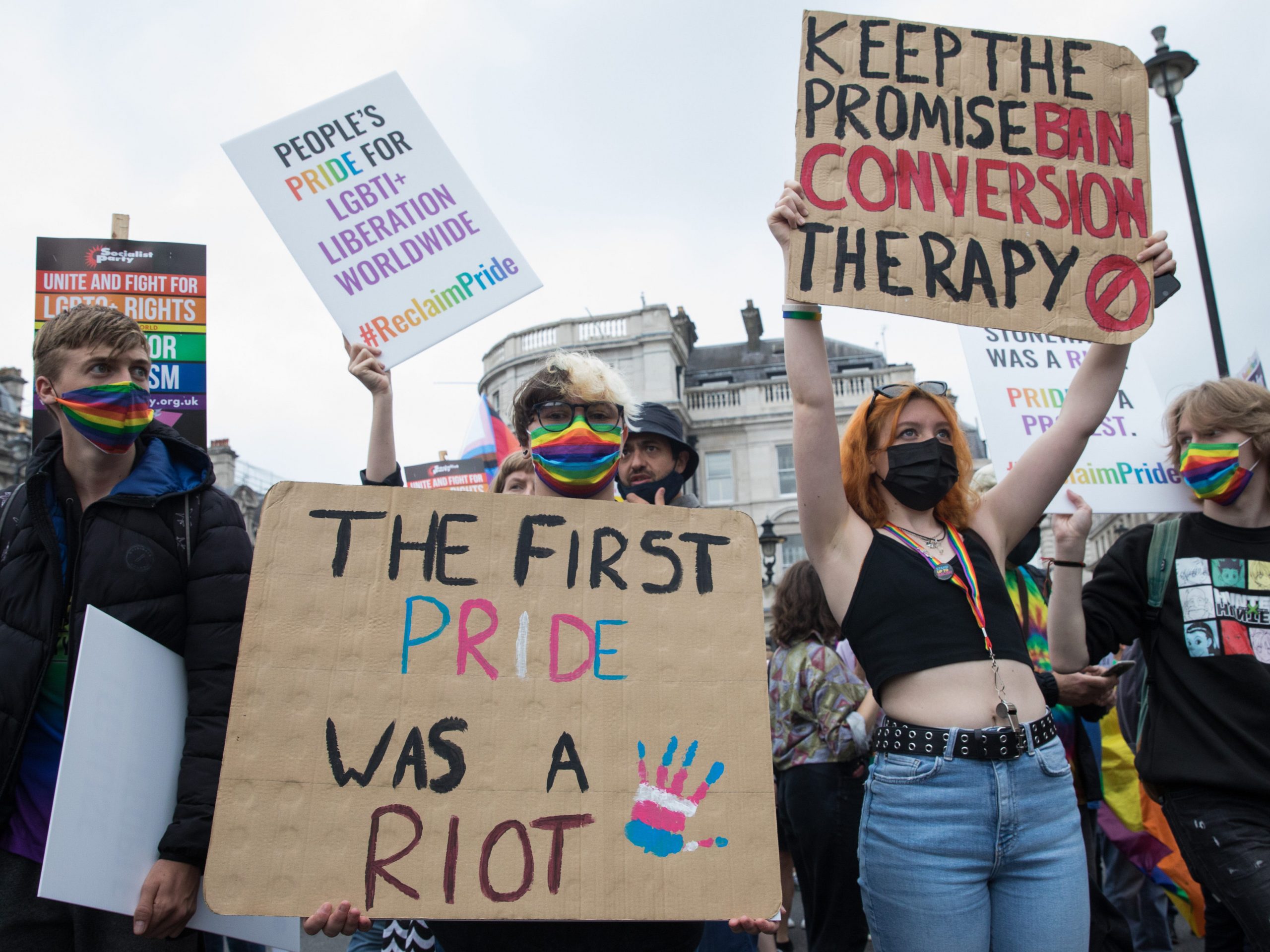 Thousands of LGBTI+ protesters pass through Trafalgar Square on the first-ever Reclaim Pride march on 24th July 2021 in London, United Kingdom.