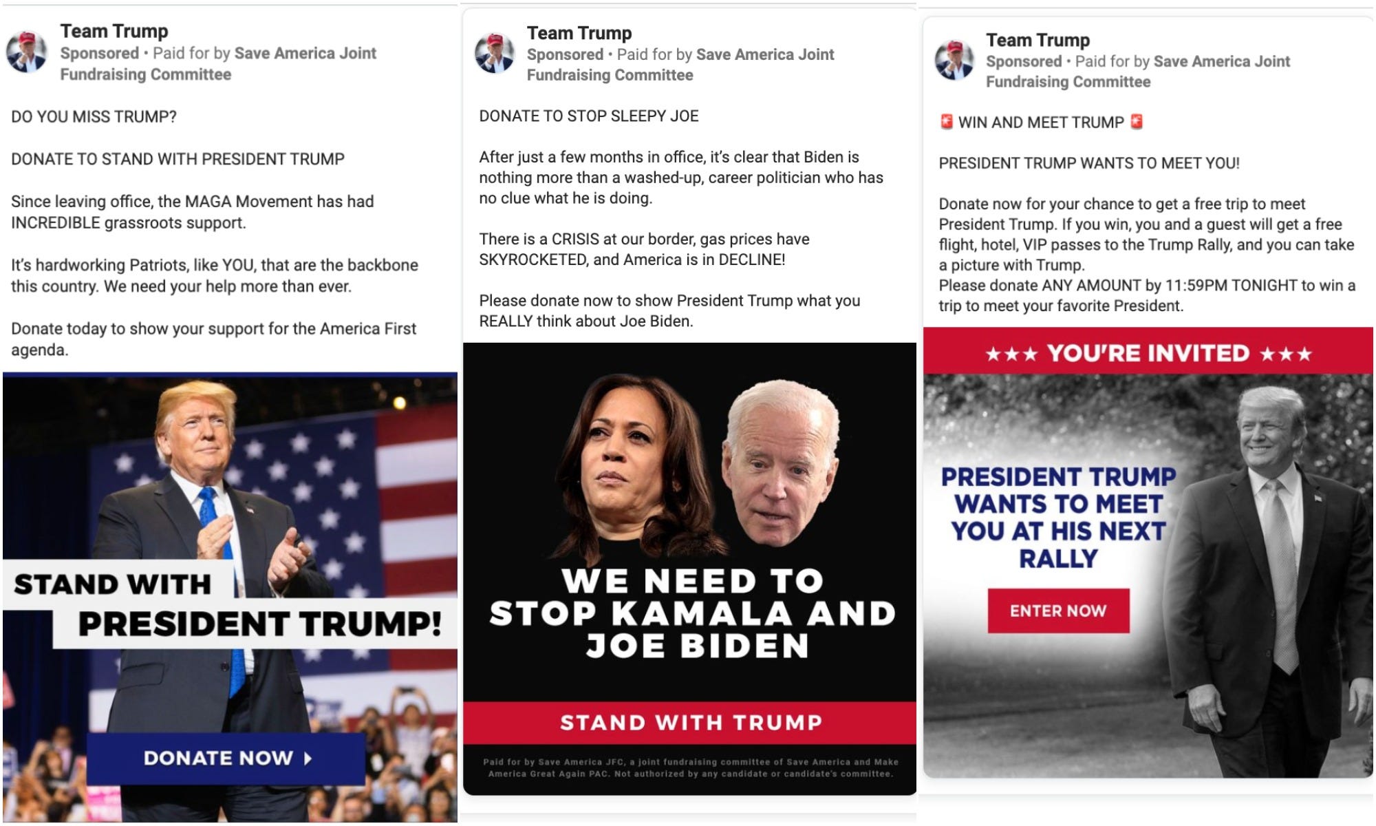 Ads asking for donations by the "Team Trump" Facebook page.