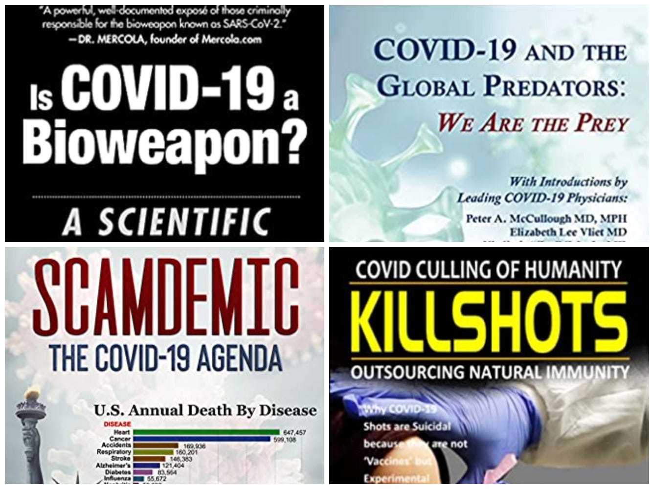 A collage of five book covers. Clockwise, their titles include: "The Truth about COVID-19," "COVID Culling of Humanity: KILLSHOTS," "SCAMDEMIC: THE COVID-19 AGENDA," "Is COVID-19 a Bioweapon?" and "COVID-19 and the Global Predators: We Are All Prey."