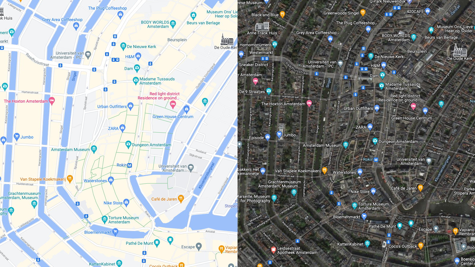 Links de normale Google Maps, rechts met satellietbeelden. Afbeelding: Google, Dennis Wilman/Business Insider