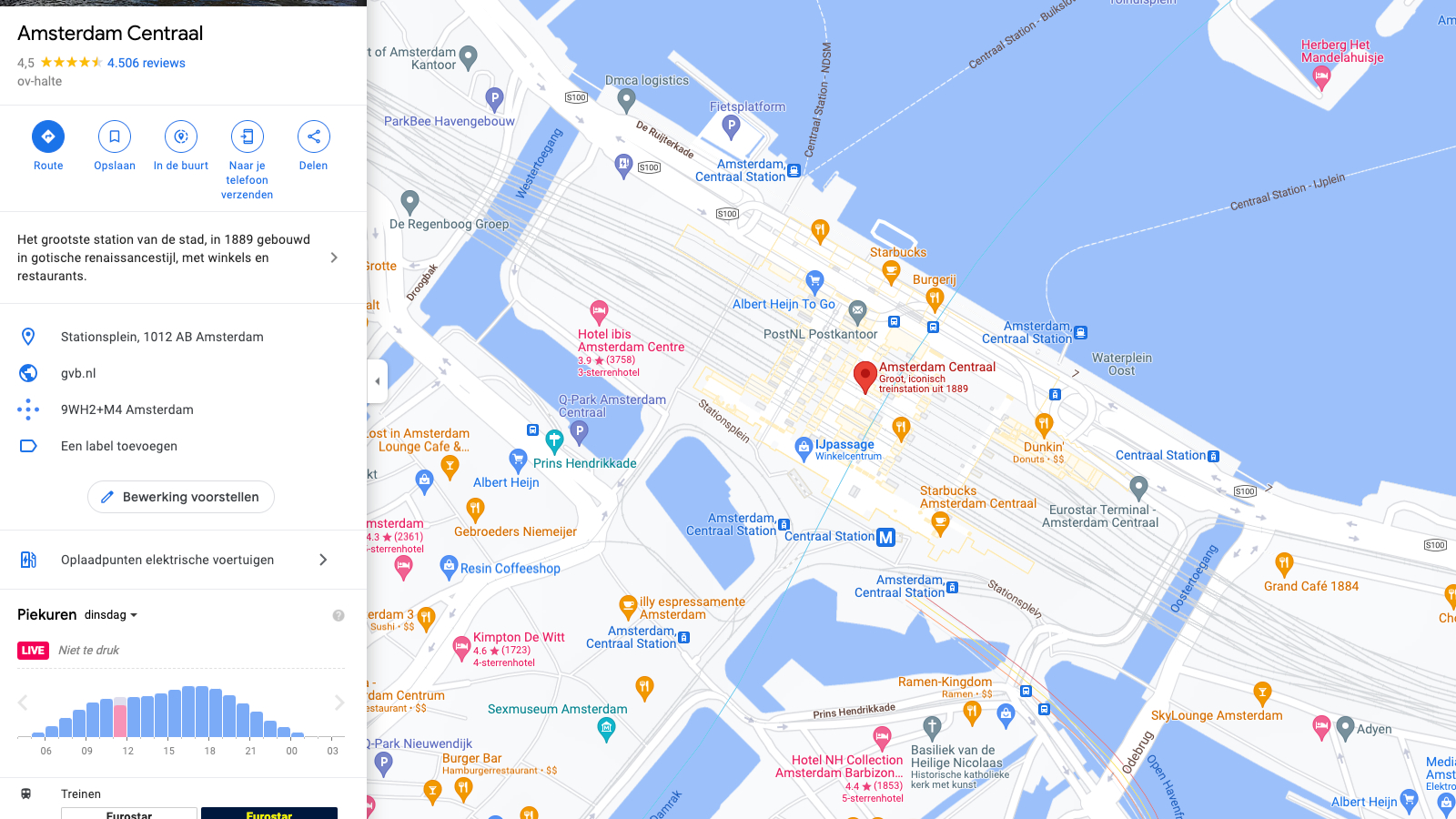 Links geeft Google aan hoe druk het op dit moment op Amsterdam Centraal is. Afbeelding: Google, Dennis Wilman/Business Insider